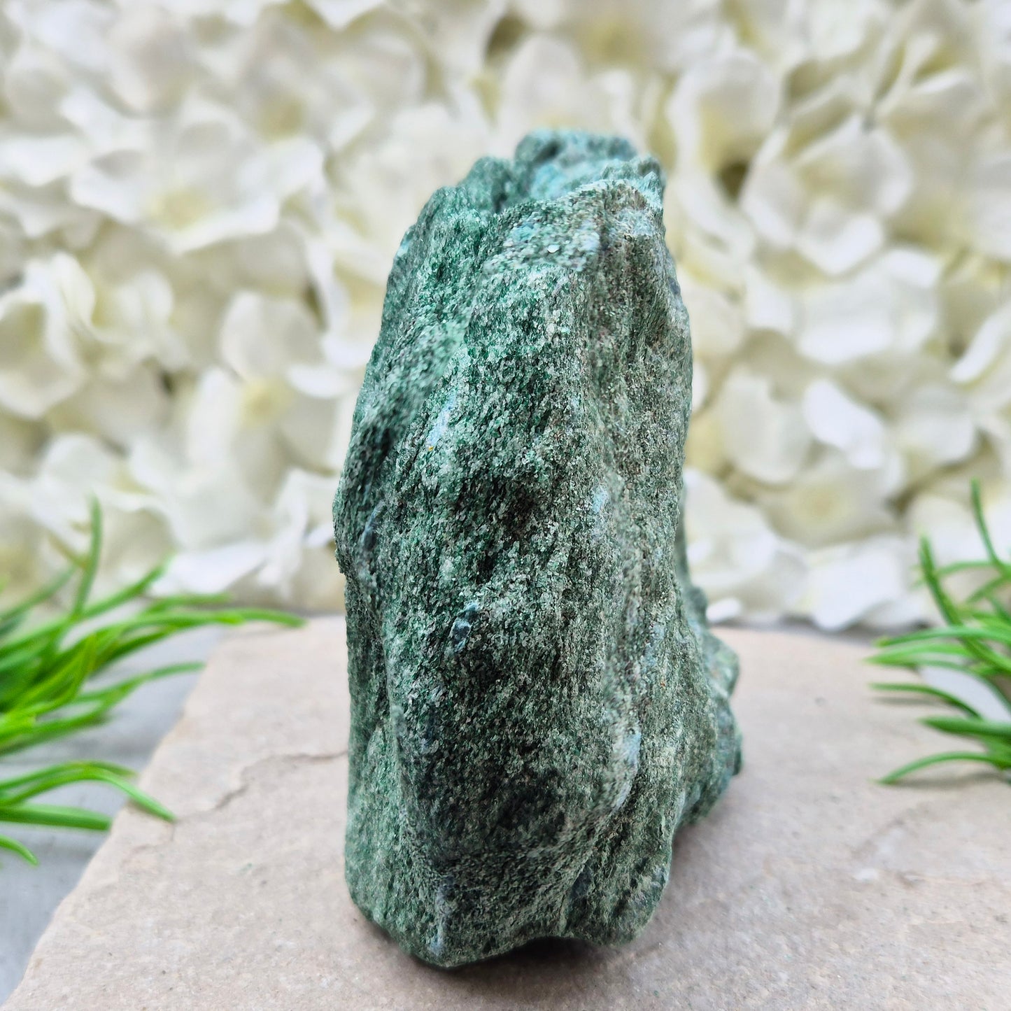 Fuchsite freeform crystal from Brazil. Natural green muscovite standing piece for emotional balance, self-care, healing energy, meditation, and home décor.
