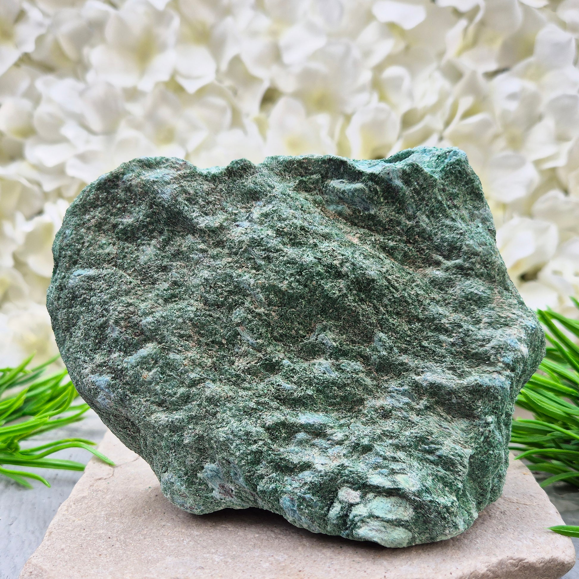 Fuchsite freeform crystal from Brazil. Natural green muscovite standing piece for emotional balance, self-care, healing energy, meditation, and home décor.