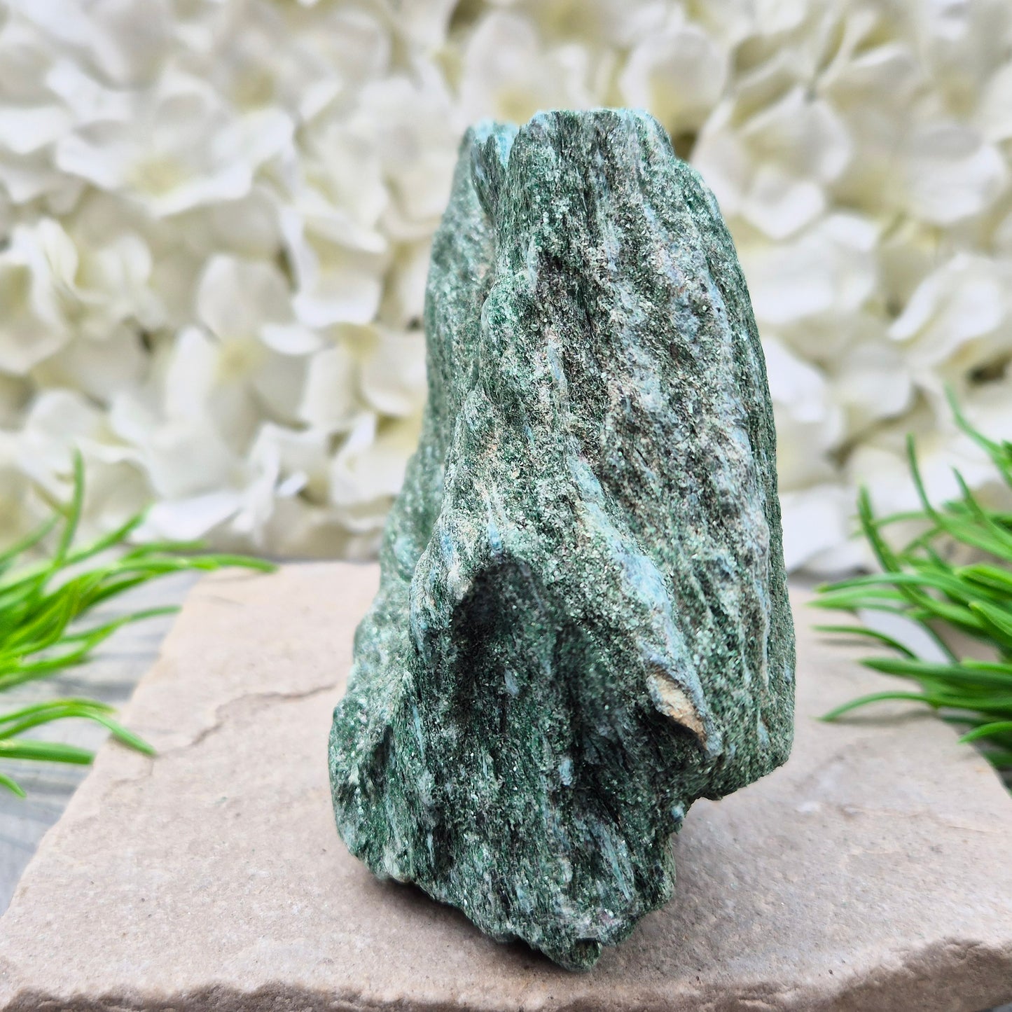 Fuchsite freeform crystal from Brazil. Natural green muscovite standing piece for emotional balance, self-care, healing energy, meditation, and home décor.