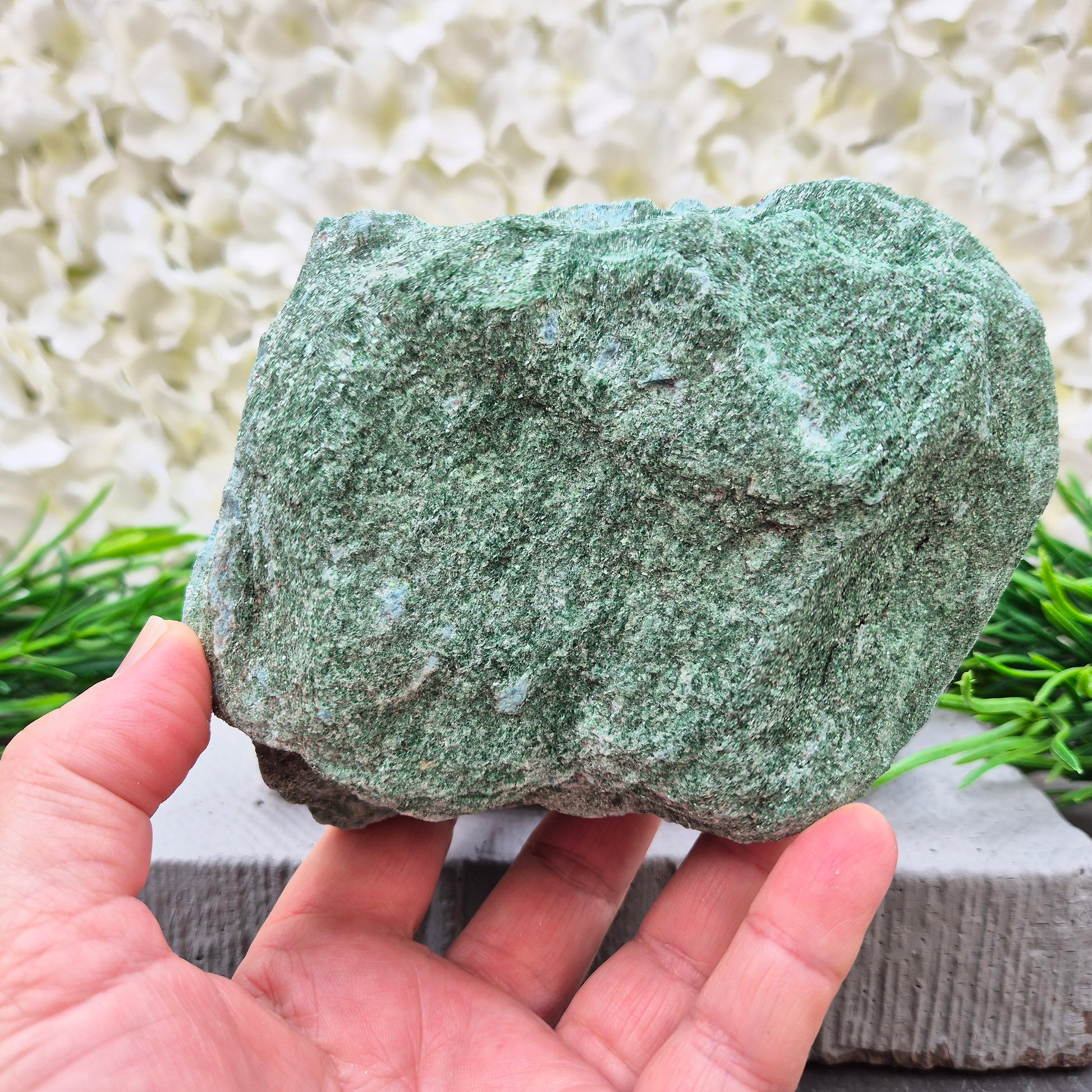Fuchsite freeform crystal from Brazil. Natural green muscovite standing piece for emotional balance, self-care, healing energy, meditation, and home décor.