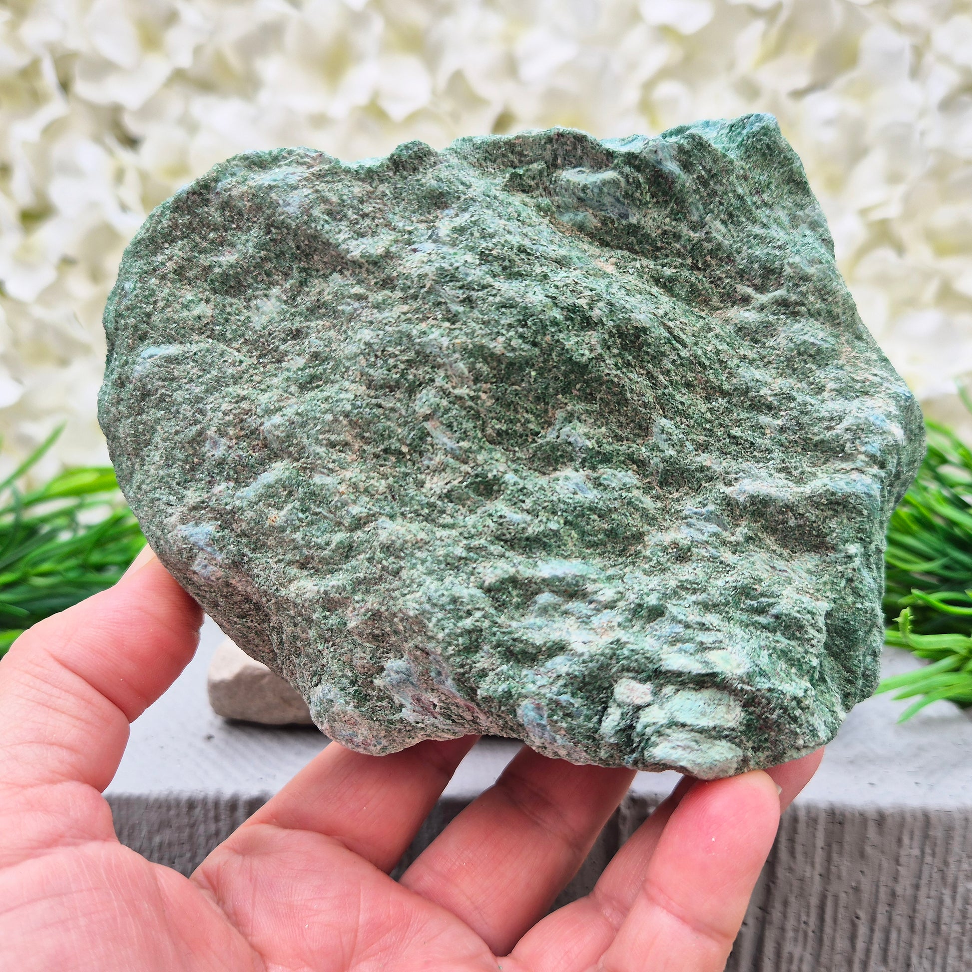 Fuchsite freeform crystal from Brazil. Natural green muscovite standing piece for emotional balance, self-care, healing energy, meditation, and home décor.