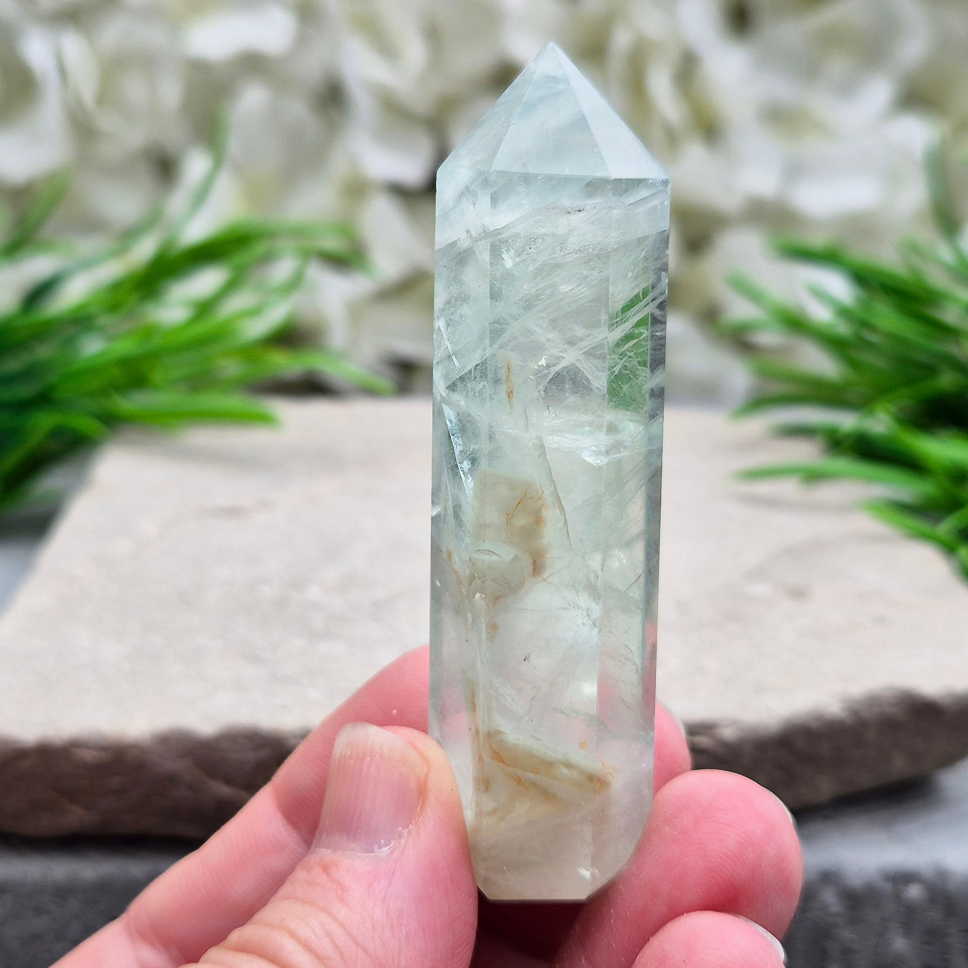 Natural Green Fluorite tower with six-sided generator tip. Supports focus, balance, and mental clarity. A calming crystal for your space or collection. UK home decor.
