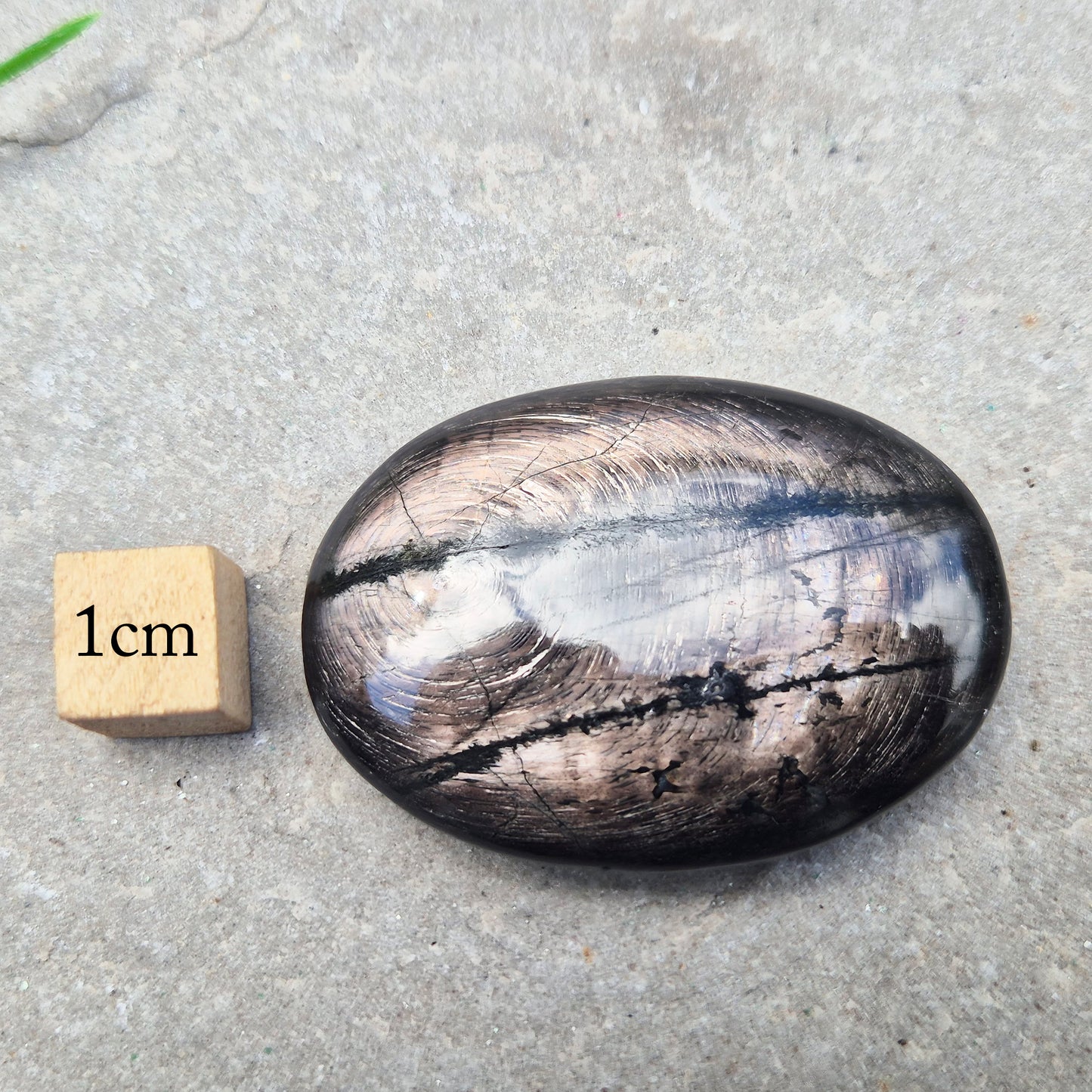 Violet Hypersthene palm stone with a smooth, comforting feel. A grounding crystal often chosen for inner strength, calm focus, and quiet self-reflection.