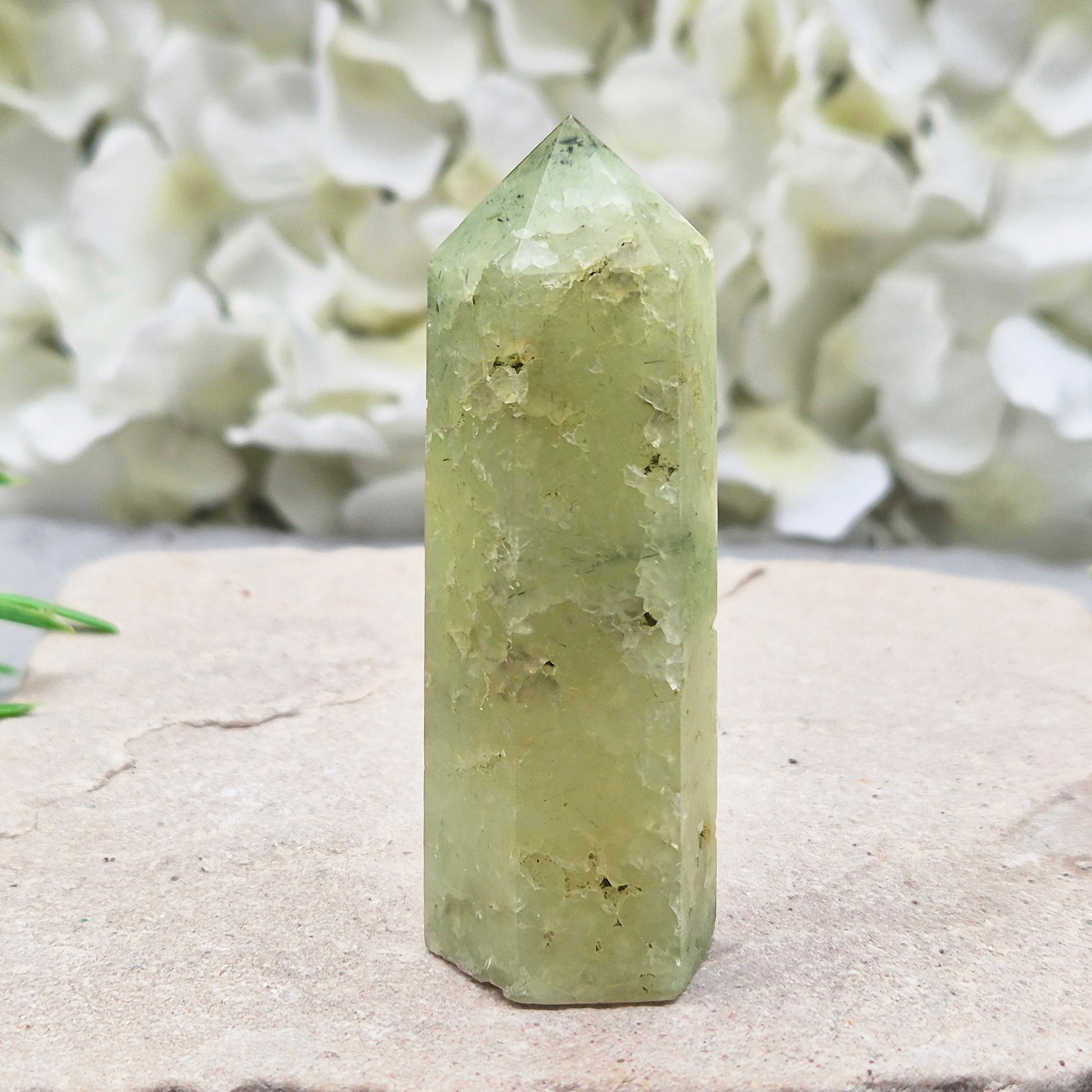 Prehnite with Epidote crystal tower from south africa. A calming heart-centred stone believed to support balance, healing, and positive growth.