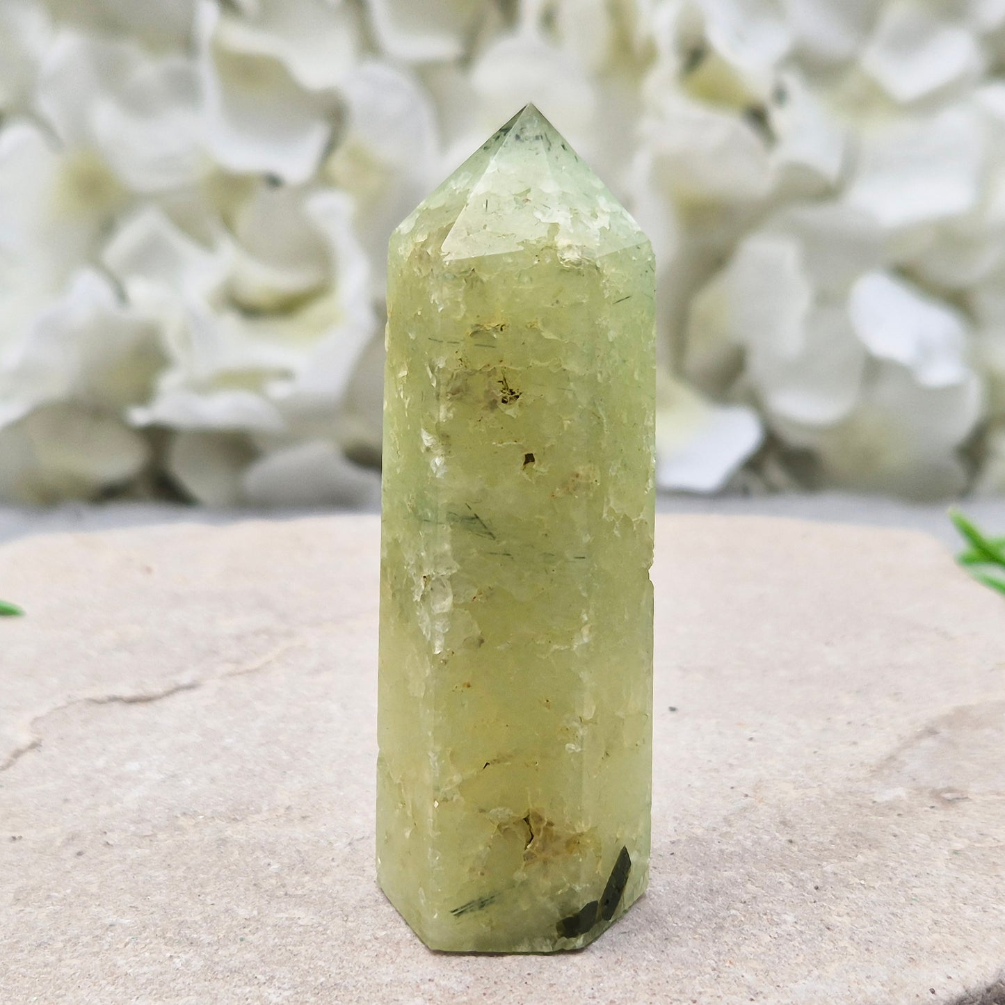 Prehnite with Epidote crystal tower from south africa. A calming heart-centred stone believed to support balance, healing, and positive growth.
