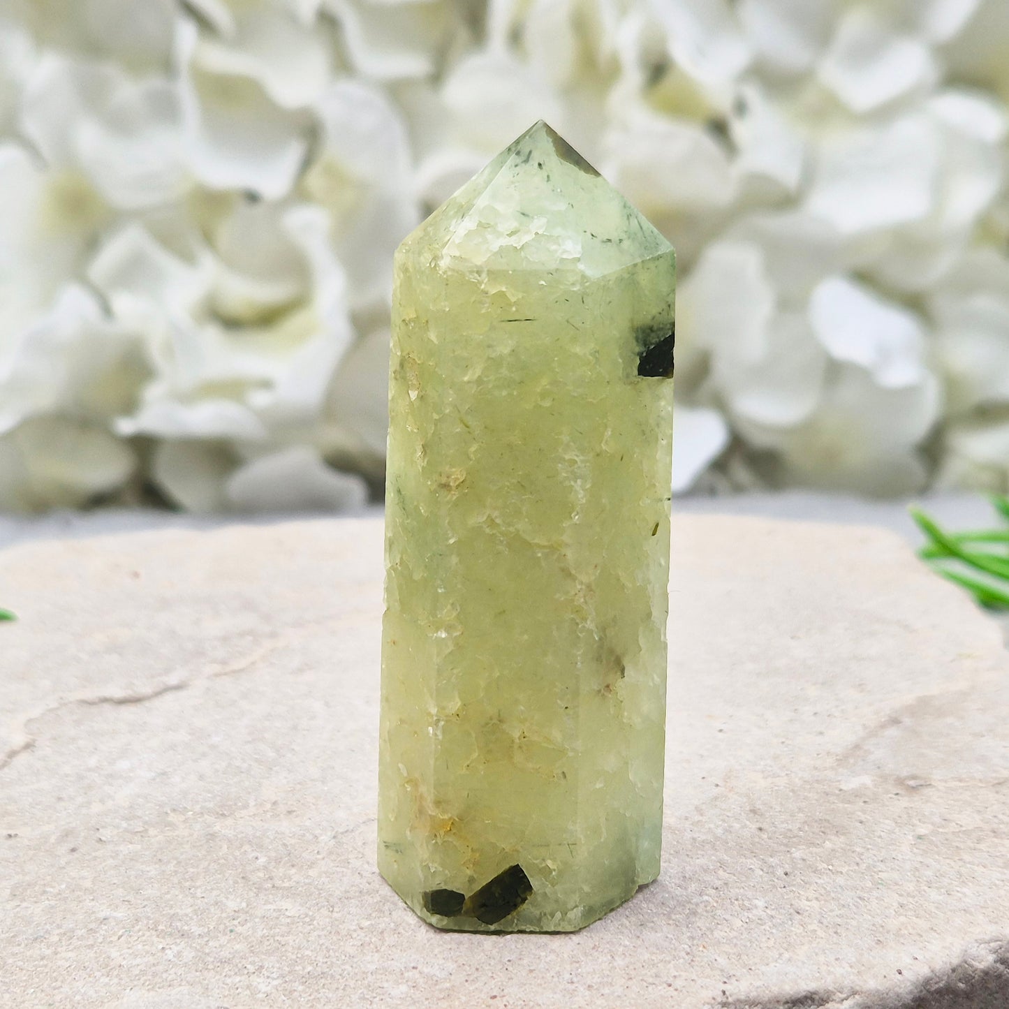 Prehnite with Epidote crystal tower from south africa. A calming heart-centred stone believed to support balance, healing, and positive growth.