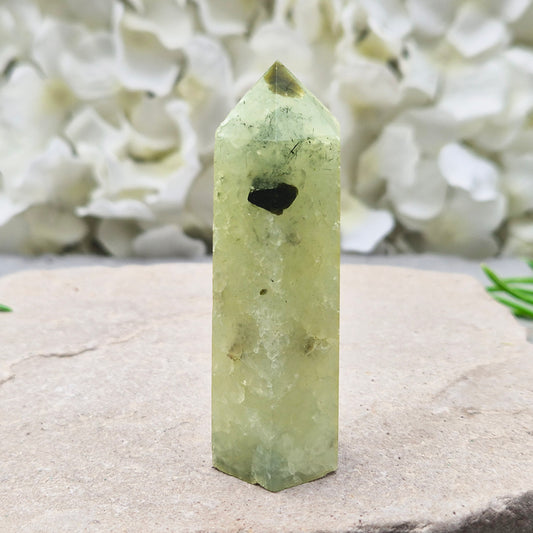 Prehnite with Epidote crystal tower from south africa. A calming heart-centred stone believed to support balance, healing, and positive growth.