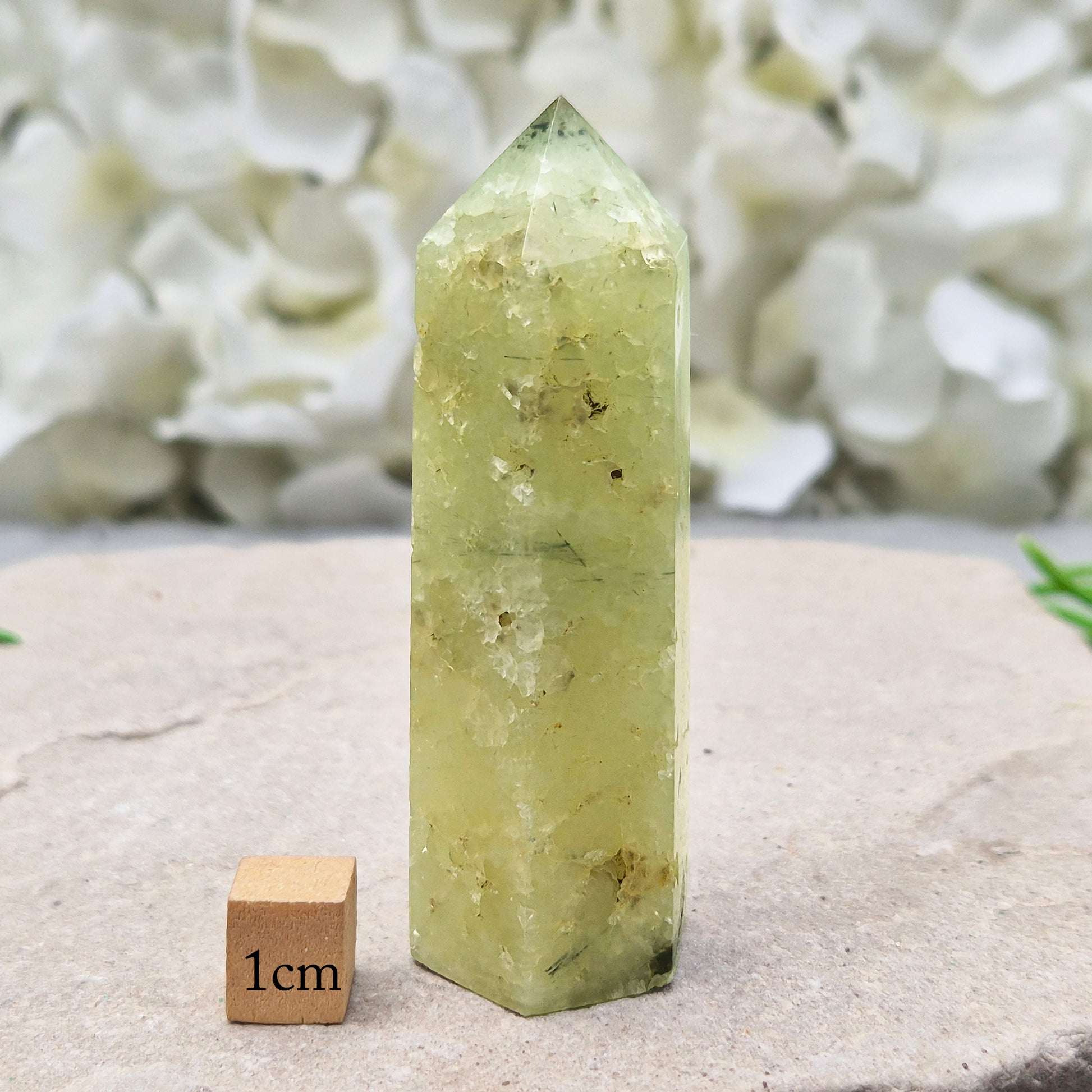 Prehnite with Epidote crystal tower from south africa. A calming heart-centred stone believed to support balance, healing, and positive growth.