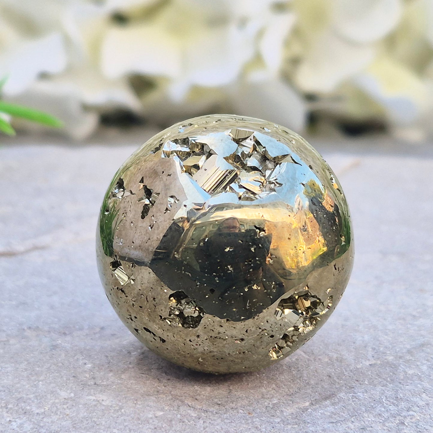 Shop genuine Pyrite crystal spheres from Peru. Known for confidence, motivation, protection, abundance, and energising workspace energy.