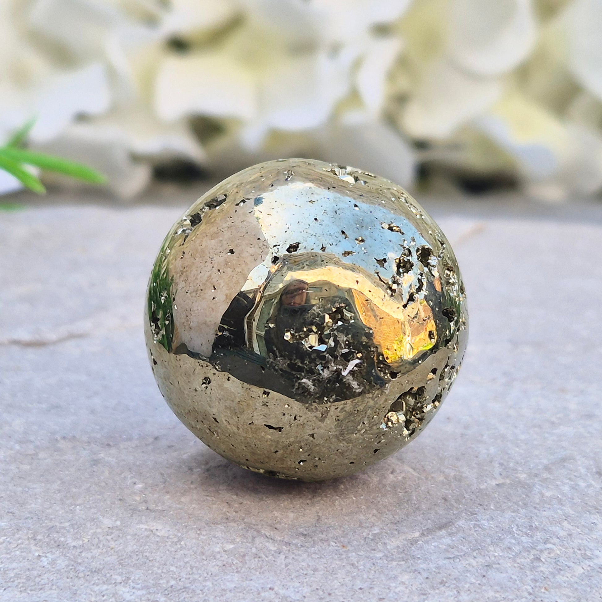 Shop genuine Pyrite crystal spheres from Peru. Known for confidence, motivation, protection, abundance, and energising workspace energy.