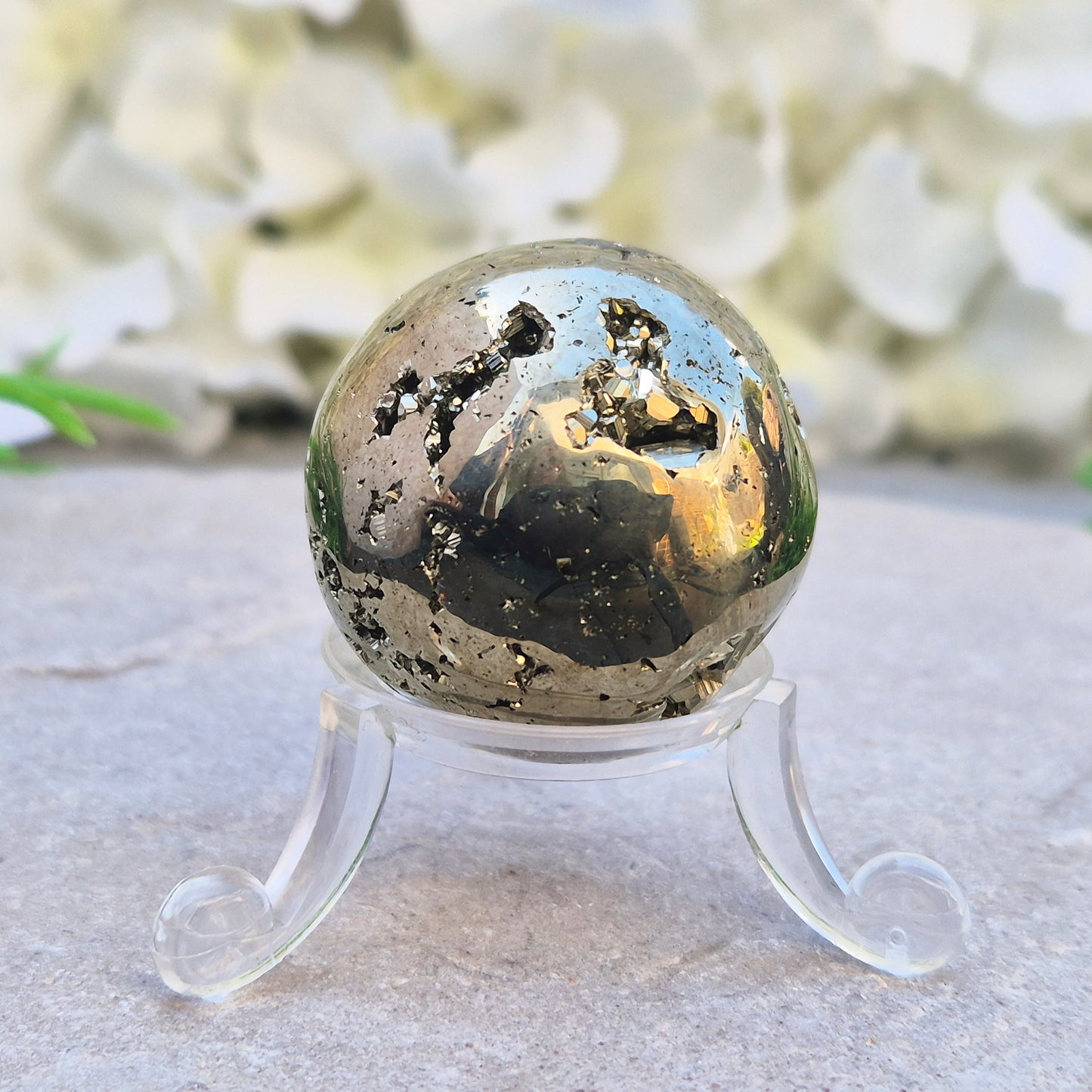 Shop genuine Pyrite crystal spheres from Peru. Known for confidence, motivation, protection, abundance, and energising workspace energy.