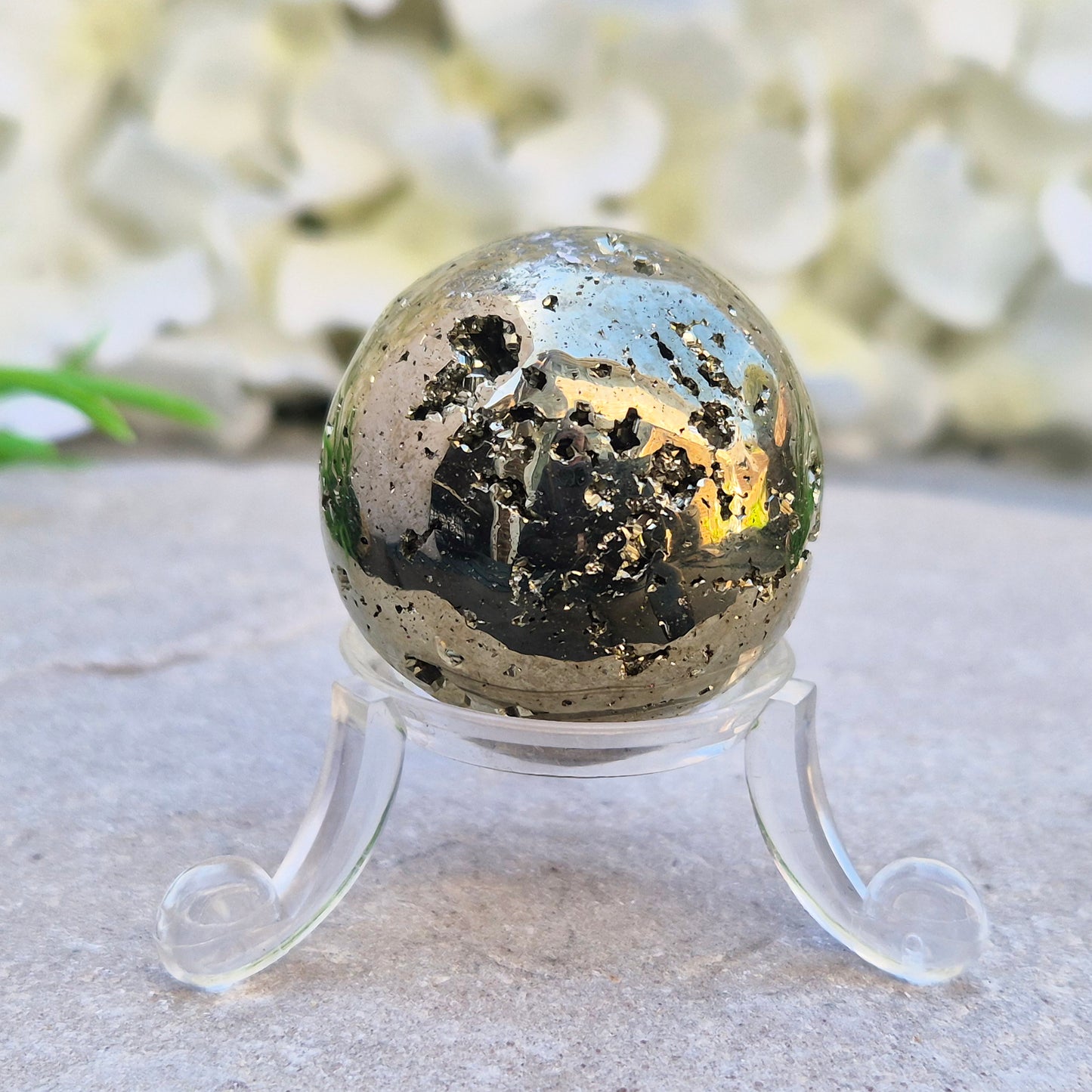 Shop genuine Pyrite crystal spheres from Peru. Known for confidence, motivation, protection, abundance, and energising workspace energy.