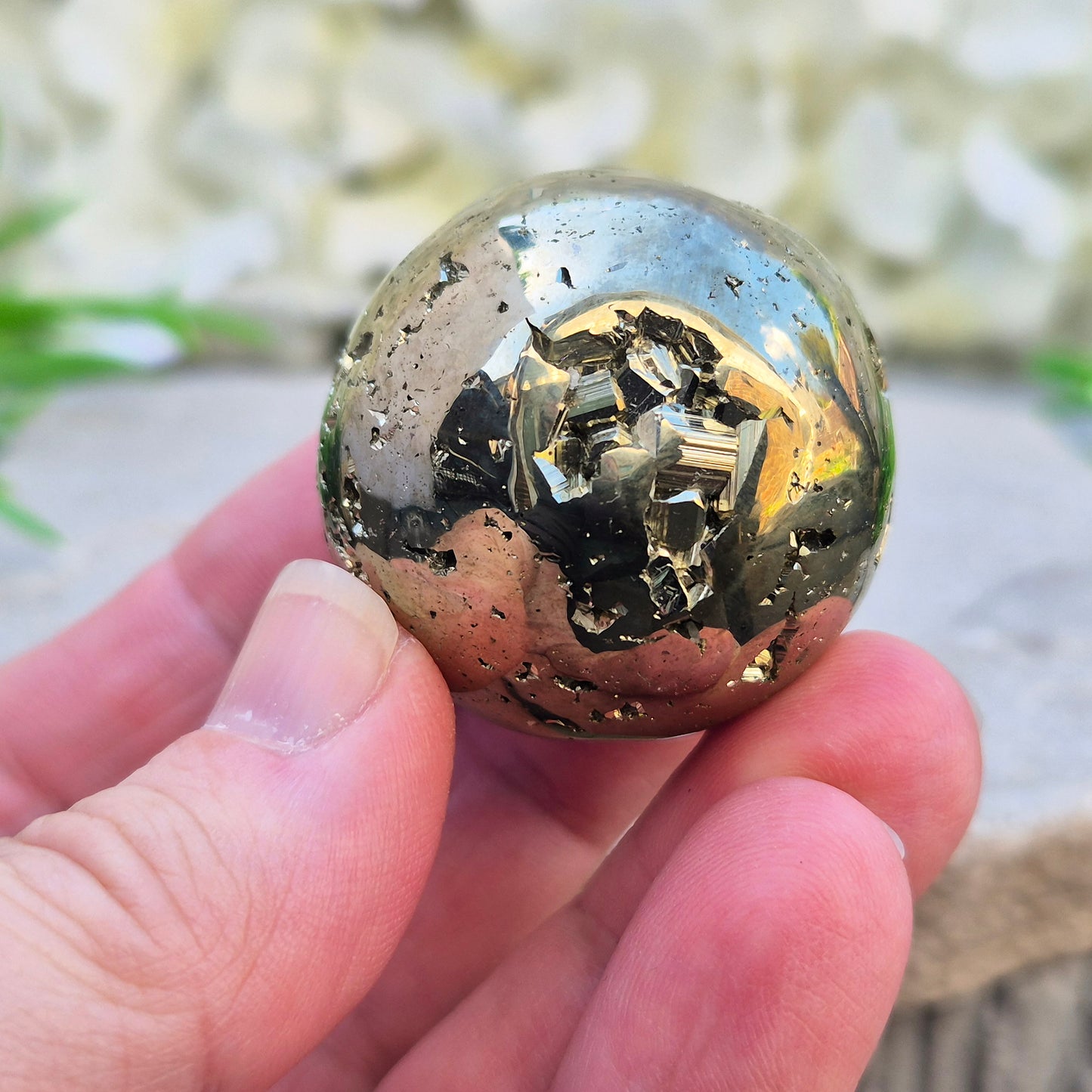 Shop genuine Pyrite crystal spheres from Peru. Known for confidence, motivation, protection, abundance, and energising workspace energy.