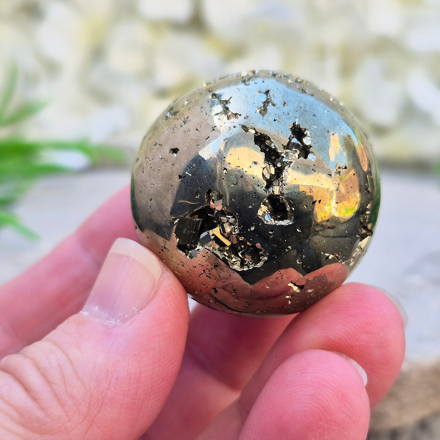 Shop genuine Pyrite crystal spheres from Peru. Known for confidence, motivation, protection, abundance, and energising workspace energy.
