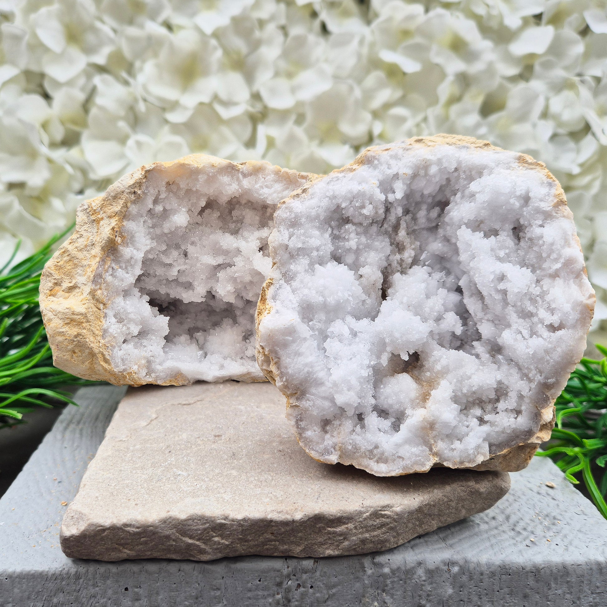 Quartz geode pair that brings a soothing, balanced atmosphere to any room. A lovely choice for home styling, meditation, and crystal lovers.