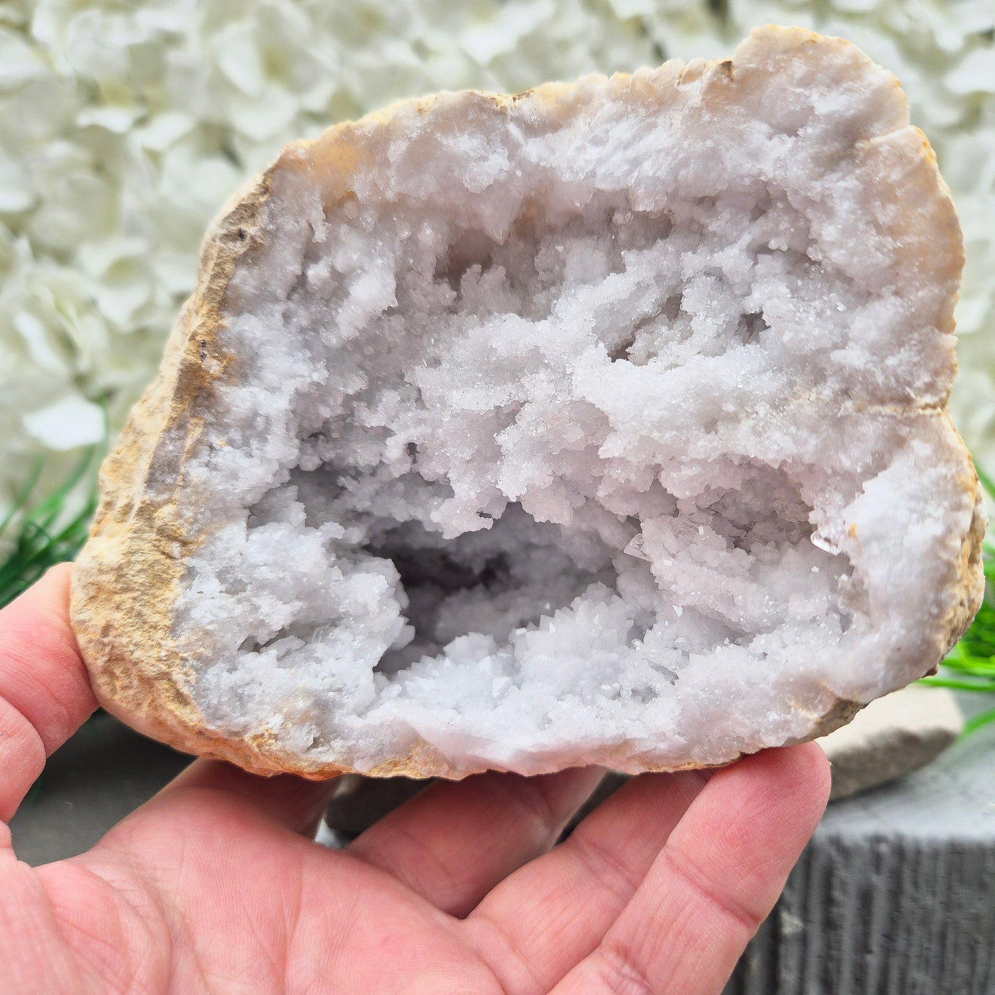 Quartz geode pair that brings a soothing, balanced atmosphere to any room. A lovely choice for home styling, meditation, and crystal lovers.