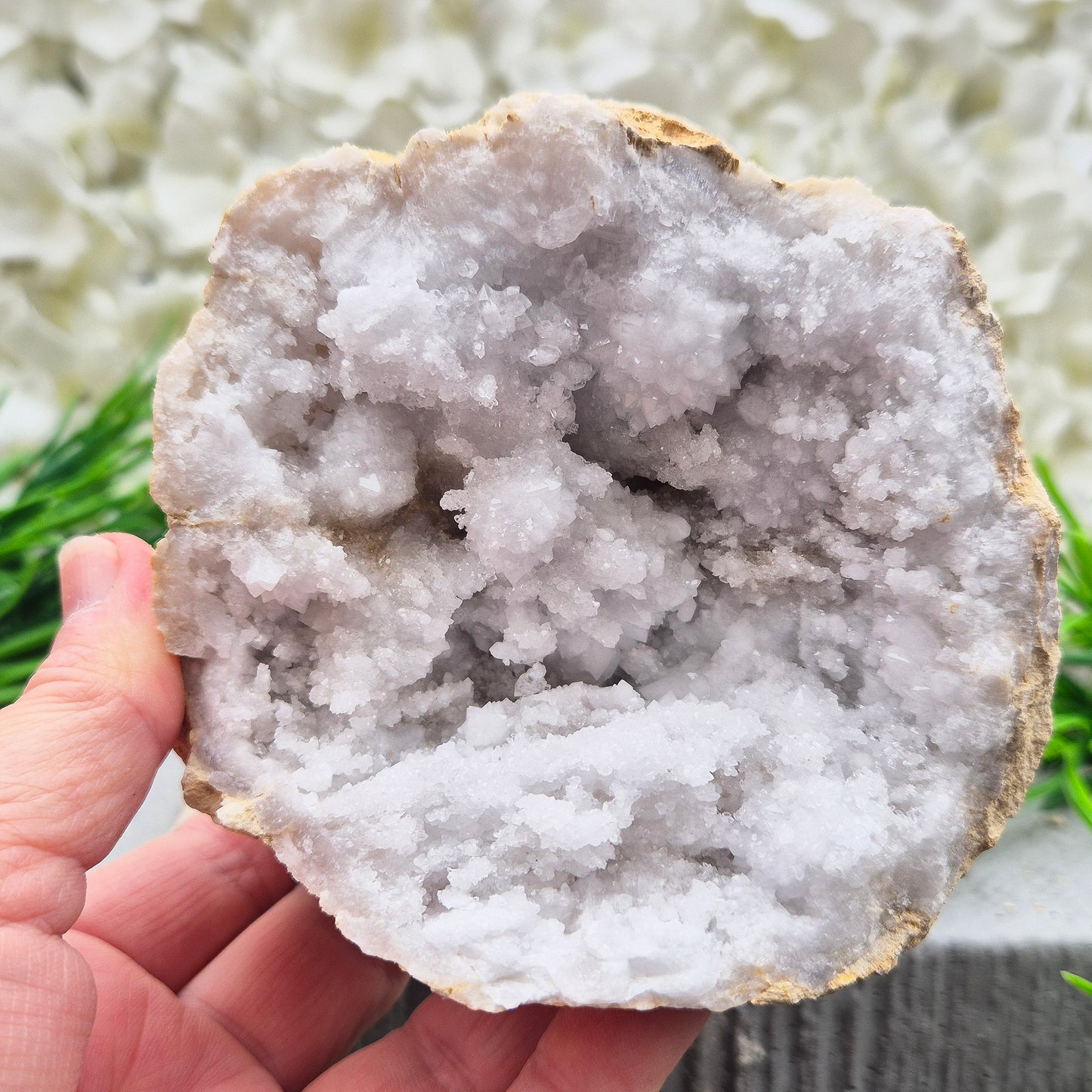 Quartz geode pair that brings a soothing, balanced atmosphere to any room. A lovely choice for home styling, meditation, and crystal lovers.