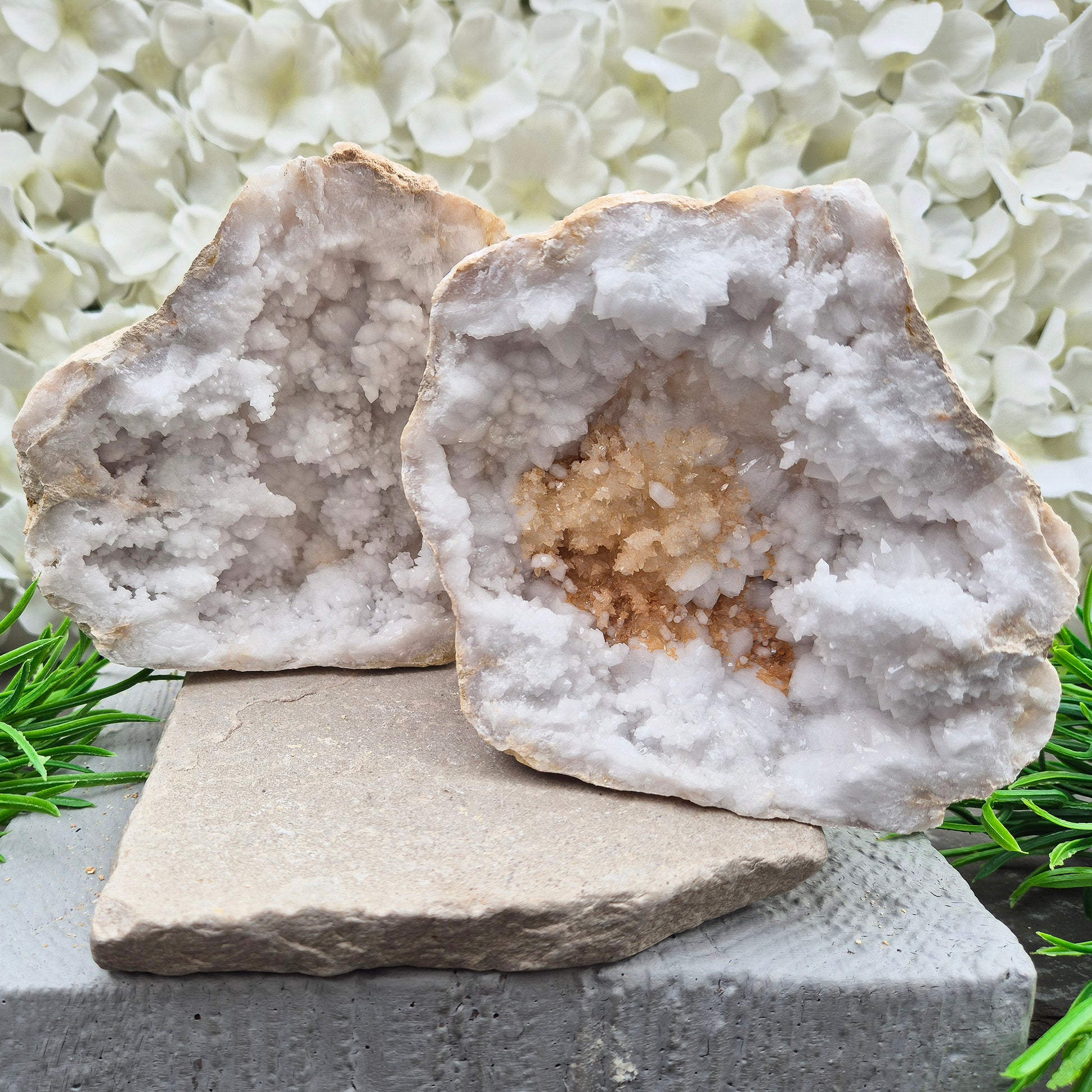 Shop self-standing Quartz geode pairs with sparkling natural crystal interiors. Beautiful for display, energy work, gifting, and home décor.