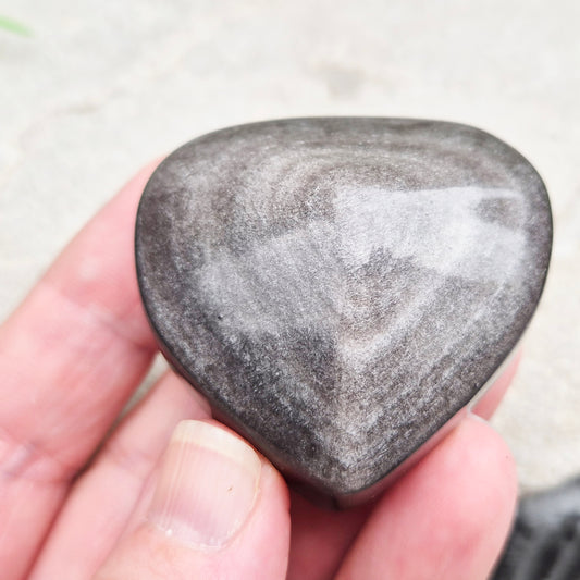 Silver Sheen Obsidian Heart from Mexico. A grounding, protective crystal that supports self-awareness, calm focus, and emotional balance.