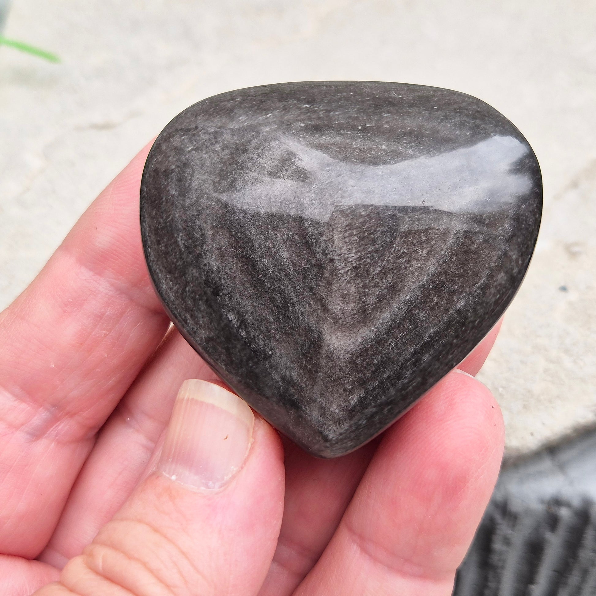 Silver Sheen Obsidian Heart from Mexico. A grounding, protective crystal that supports self-awareness, calm focus, and emotional balance.