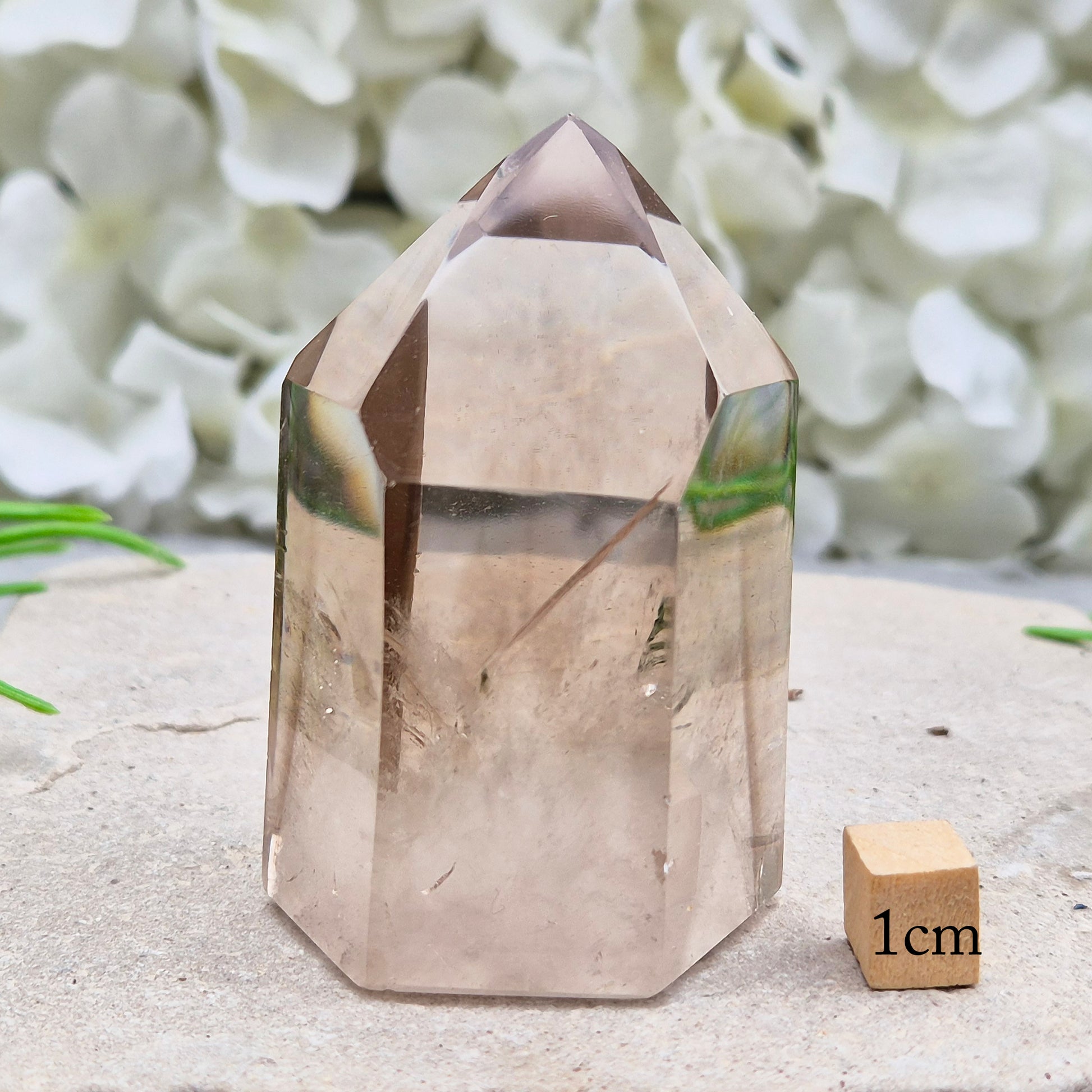 Polished natural Smoky Quartz point from Brazil with grounding energy. Ideal for emotional release, protection, and meditation.