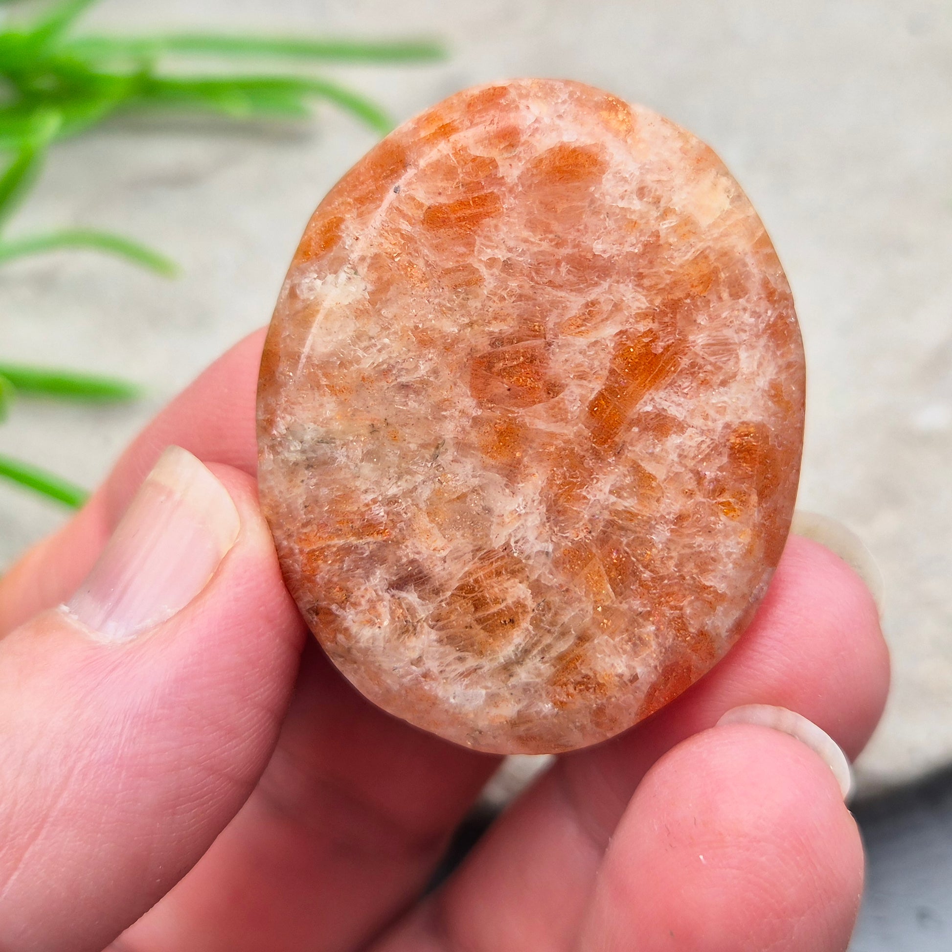Sunstone Palm Stone – crystal of joy, vitality and confidence. Smooth and polished for meditation, energy work, or carrying uplifting energy with you.
