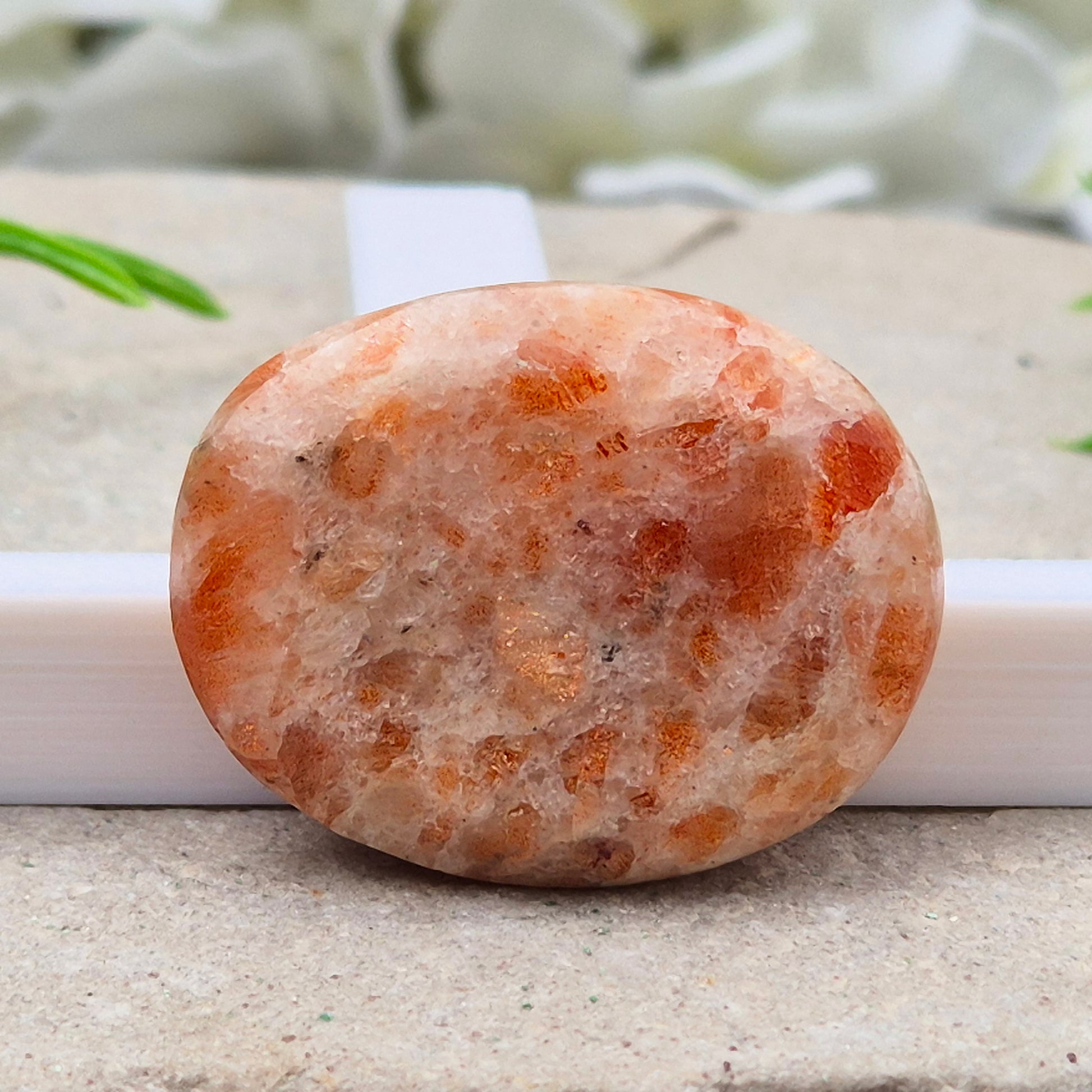 Sunstone Palm Stone – crystal of joy, vitality and confidence. Smooth and polished for meditation, energy work, or carrying uplifting energy with you.