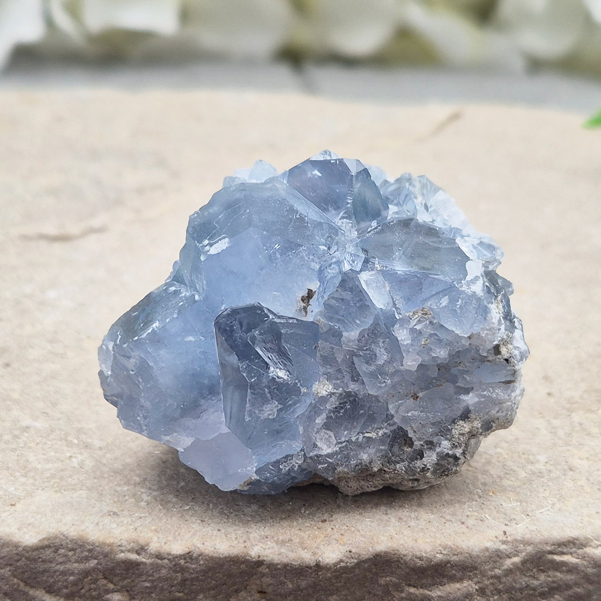 Sparkling Celestite cluster from Madagascar. A calming, uplifting crystal for peace, creativity, spiritual connection, and angelic guidance.