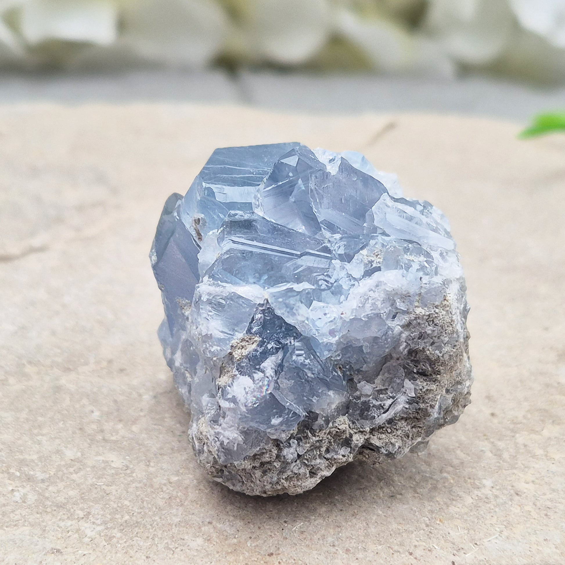 Sparkling Celestite cluster from Madagascar. A calming, uplifting crystal for peace, creativity, spiritual connection, and angelic guidance.