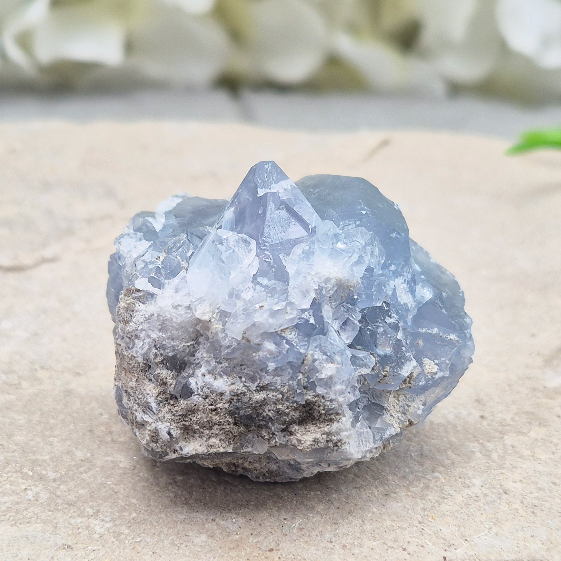 Sparkling Celestite cluster from Madagascar. A calming, uplifting crystal for peace, creativity, spiritual connection, and angelic guidance.