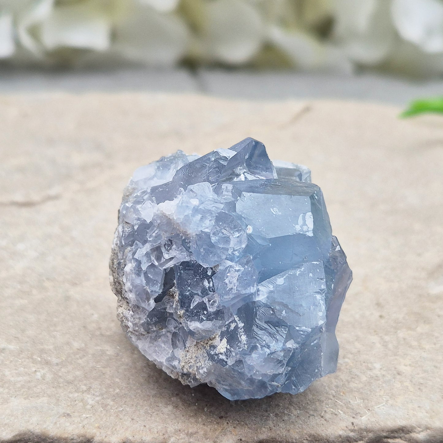 Sparkling Celestite cluster from Madagascar. A calming, uplifting crystal for peace, creativity, spiritual connection, and angelic guidance.