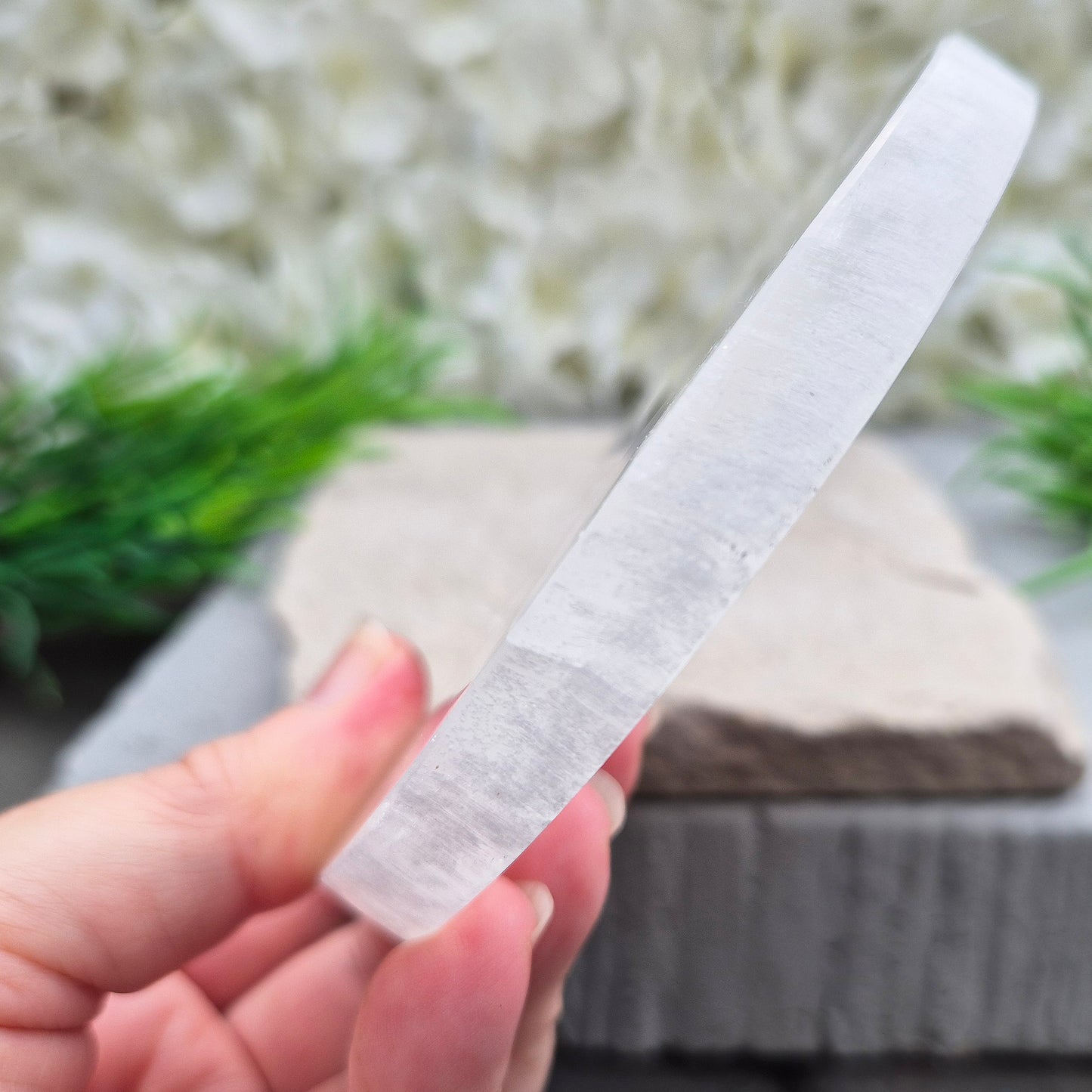 Selenite Round Charging Plate from Morocco. Perfect for cleansing and recharging crystals, jewellery, and small crystal collections.