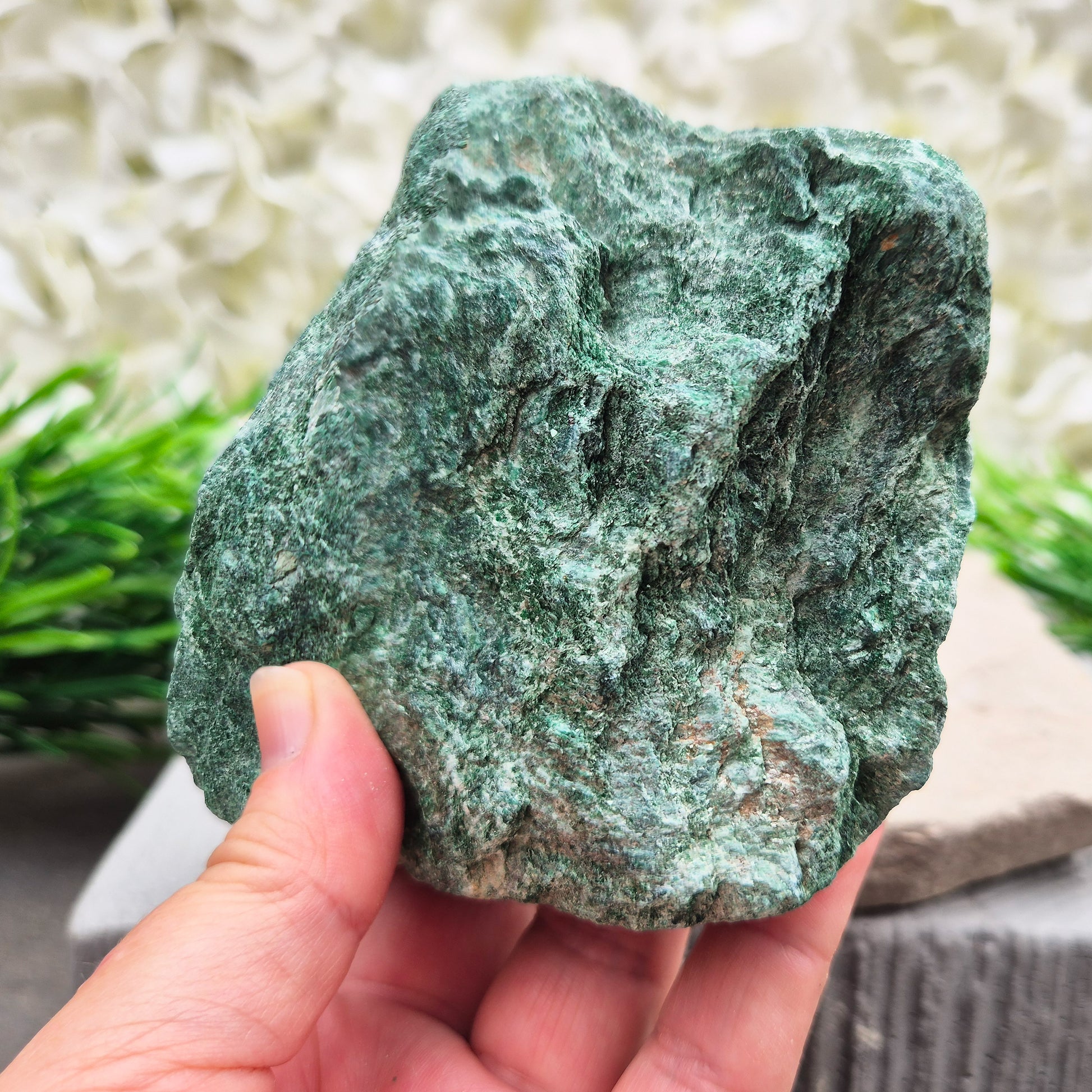 Natural Fuchsite crystal with a soft green shimmer. A calming stone often used to support emotional balance, heart energy and gentle renewal.
