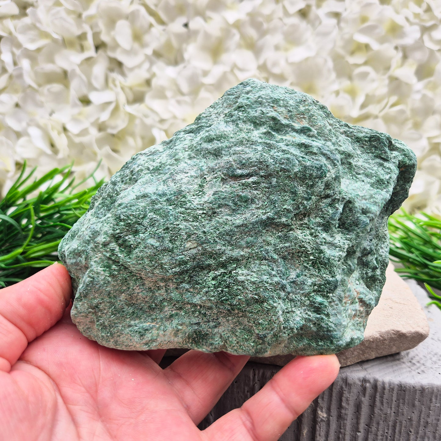 Natural Fuchsite crystal with a soft green shimmer. A calming stone often used to support emotional balance, heart energy and gentle renewal.