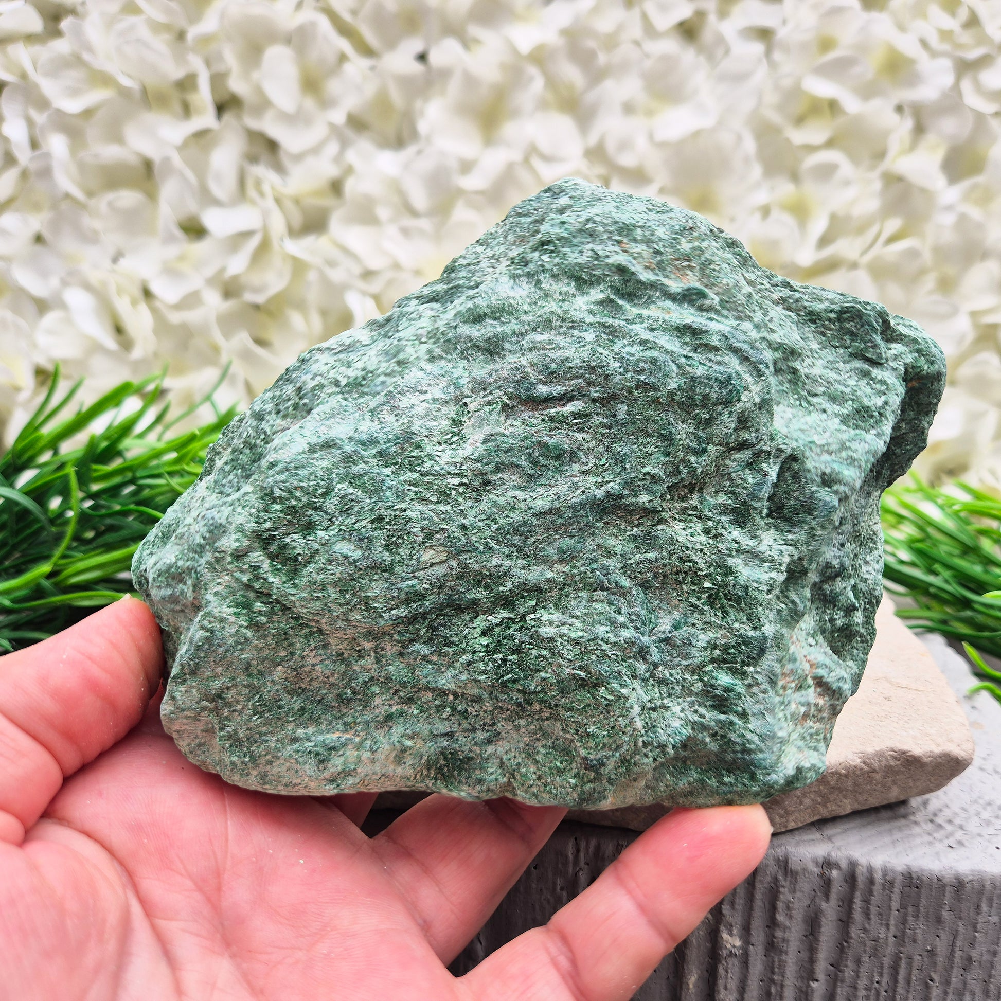 Natural Fuchsite crystal with a soft green shimmer. A calming stone often used to support emotional balance, heart energy and gentle renewal.