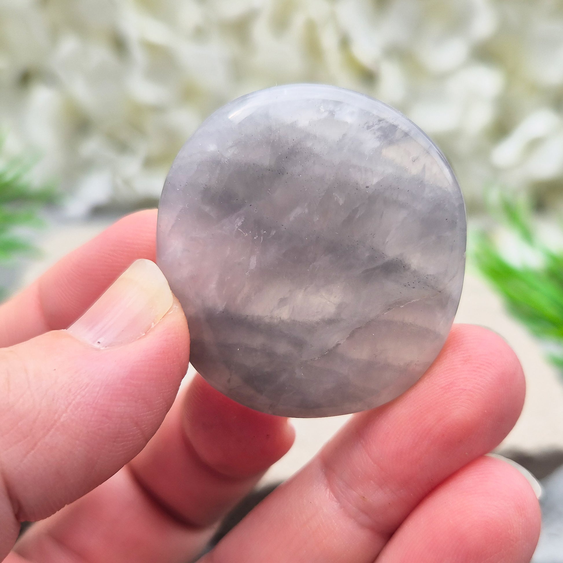 Lunar Quartz palm stones for peace, creativity, and spiritual connection. Handpicked crystals to support calm energy and open communication.