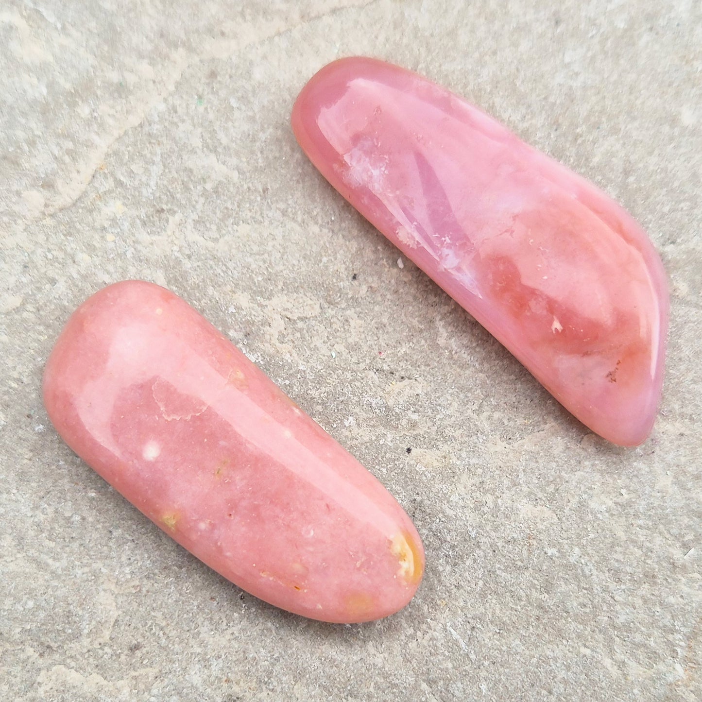 Pink Opal polished freeform in soft pink to salmon tones. Linked to the heart chakra, known as a gentle, supportive stone during difficult or emotional times.