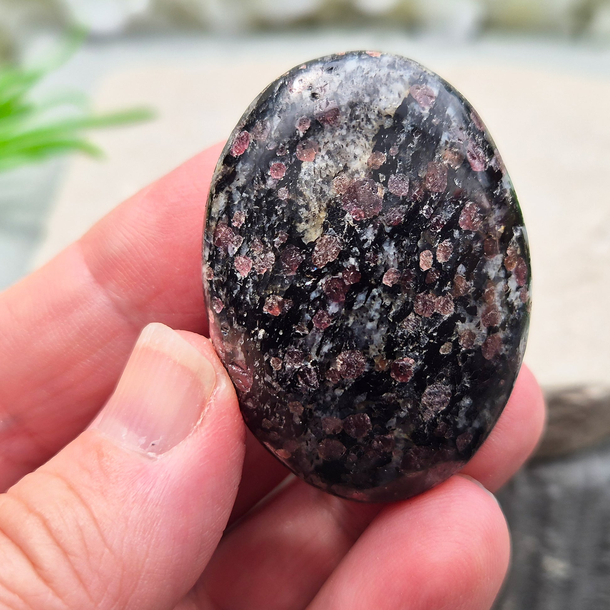 red Garnet in Black Tourmaline palm stone — naturally formed, said to bring grounding, courage and inner strength. Shop UK crystals at Elysian Crystals.