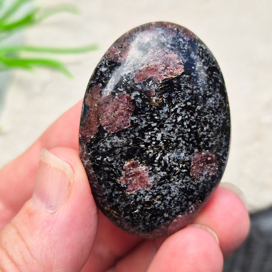 Red Garnet In Black Tourmaline Palm Stone