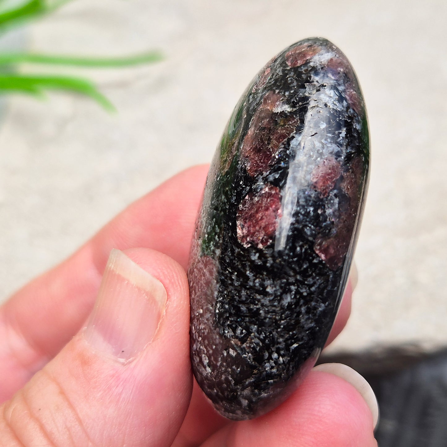 Red Garnet In Black Tourmaline Palm Stone