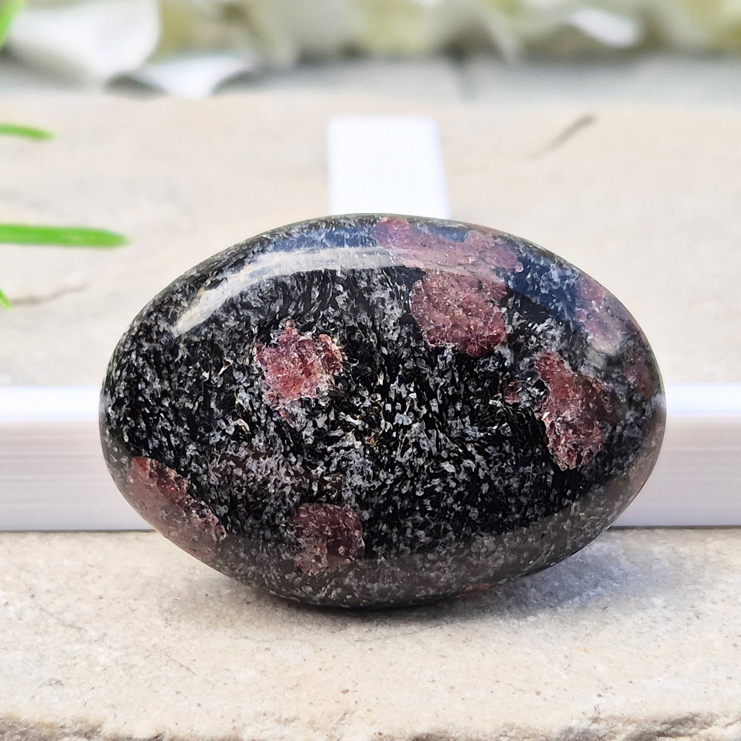 Red Garnet In Black Tourmaline Palm Stone