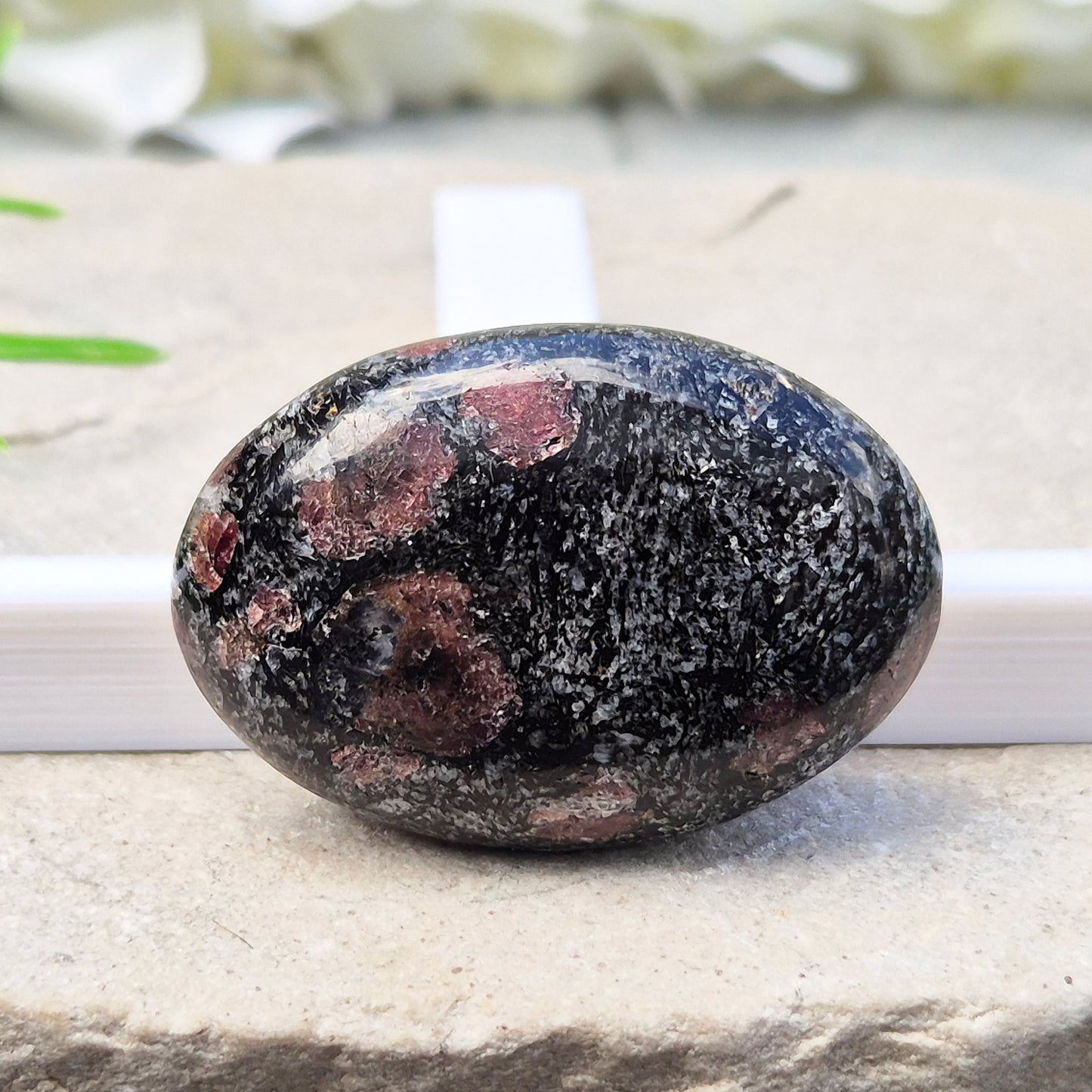 Red Garnet In Black Tourmaline Palm Stone