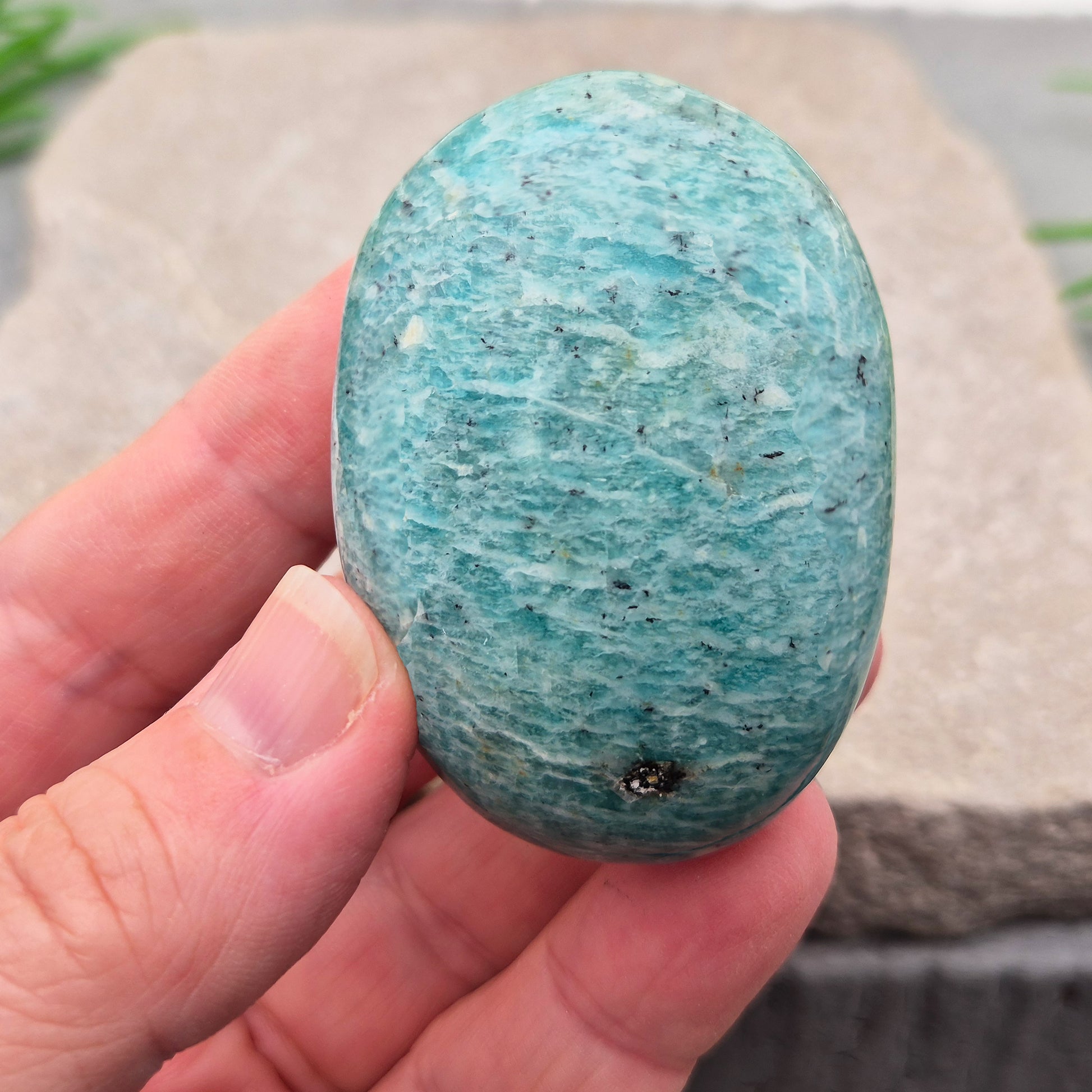 Smooth Amazonite pebble from Mozambique. A calming stone often linked to honest, grounded communication. Hand-picked crystals, UK independent shop.