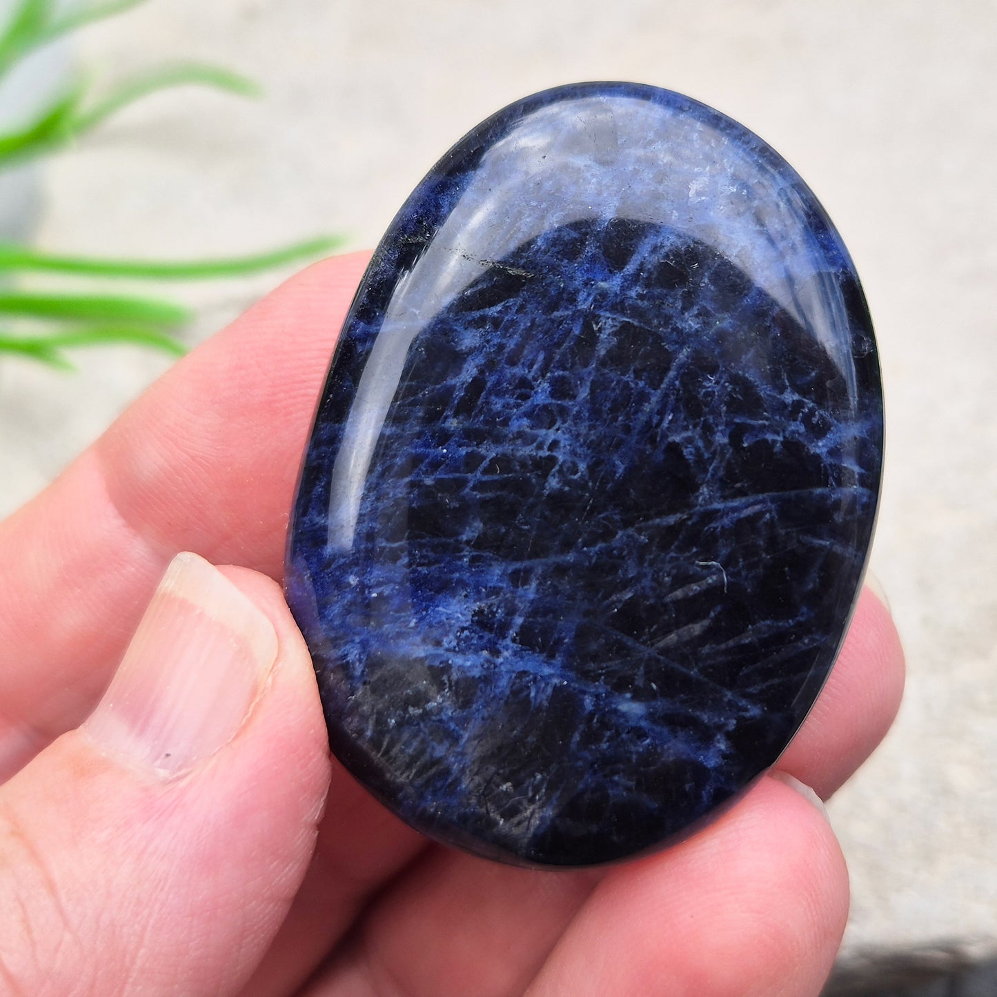 Beautiful A-grade Sodalite palm stone from Namibia. Supports clear thinking, confidence in communication, and emotional calm. Throat & Third Eye chakra crystal.