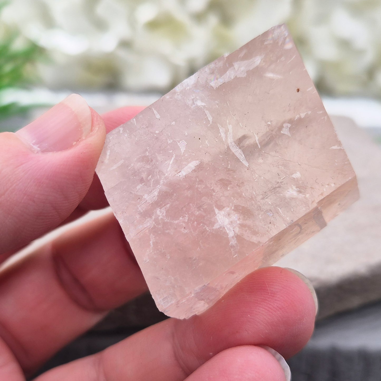 Gentle pale pink watermelon calcite, Mexico — a soothing crystal for emotional healing and heart chakra balance. Soft, nurturing energy for calm and kindness.
