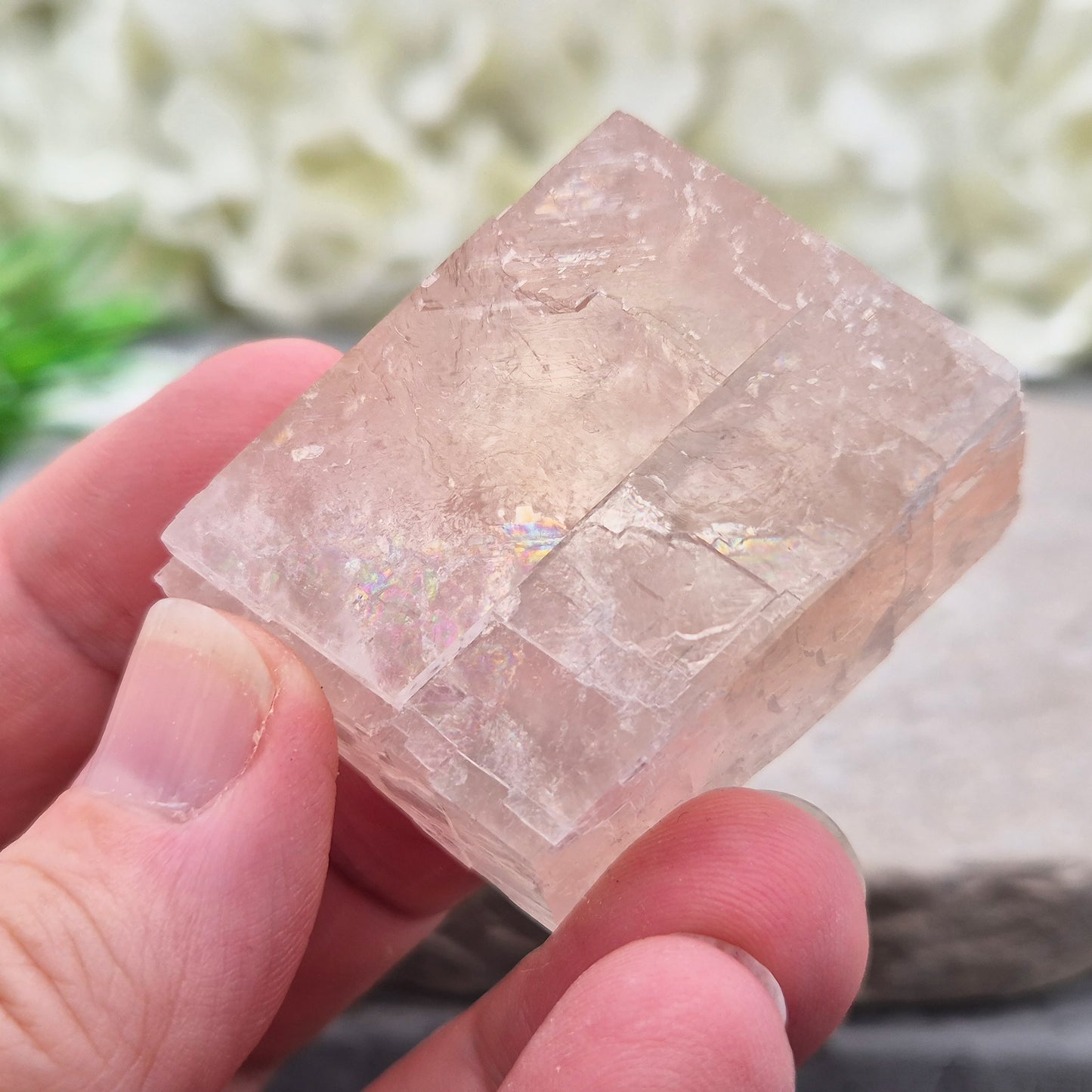 Gentle pale pink watermelon calcite, Mexico — a soothing crystal for emotional healing and heart chakra balance. Soft, nurturing energy for calm and kindness.