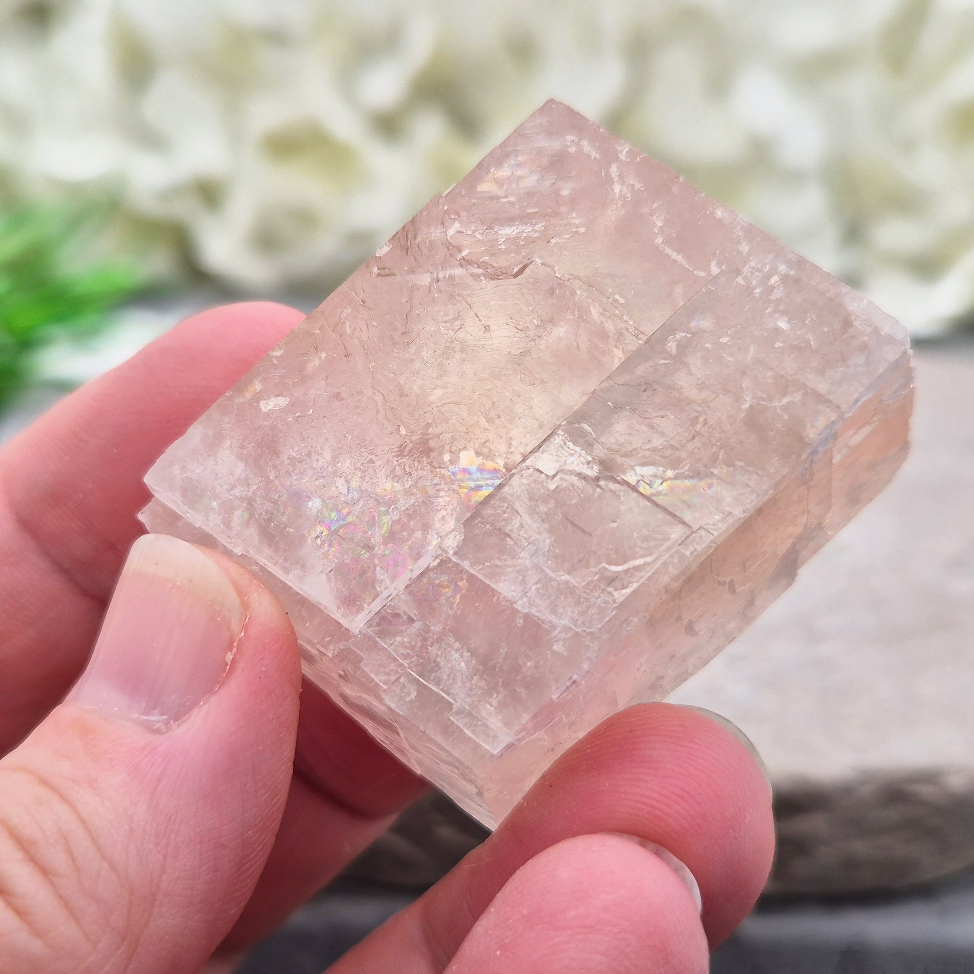 Gentle pale pink watermelon calcite, Mexico — a soothing crystal for emotional healing and heart chakra balance. Soft, nurturing energy for calm and kindness.