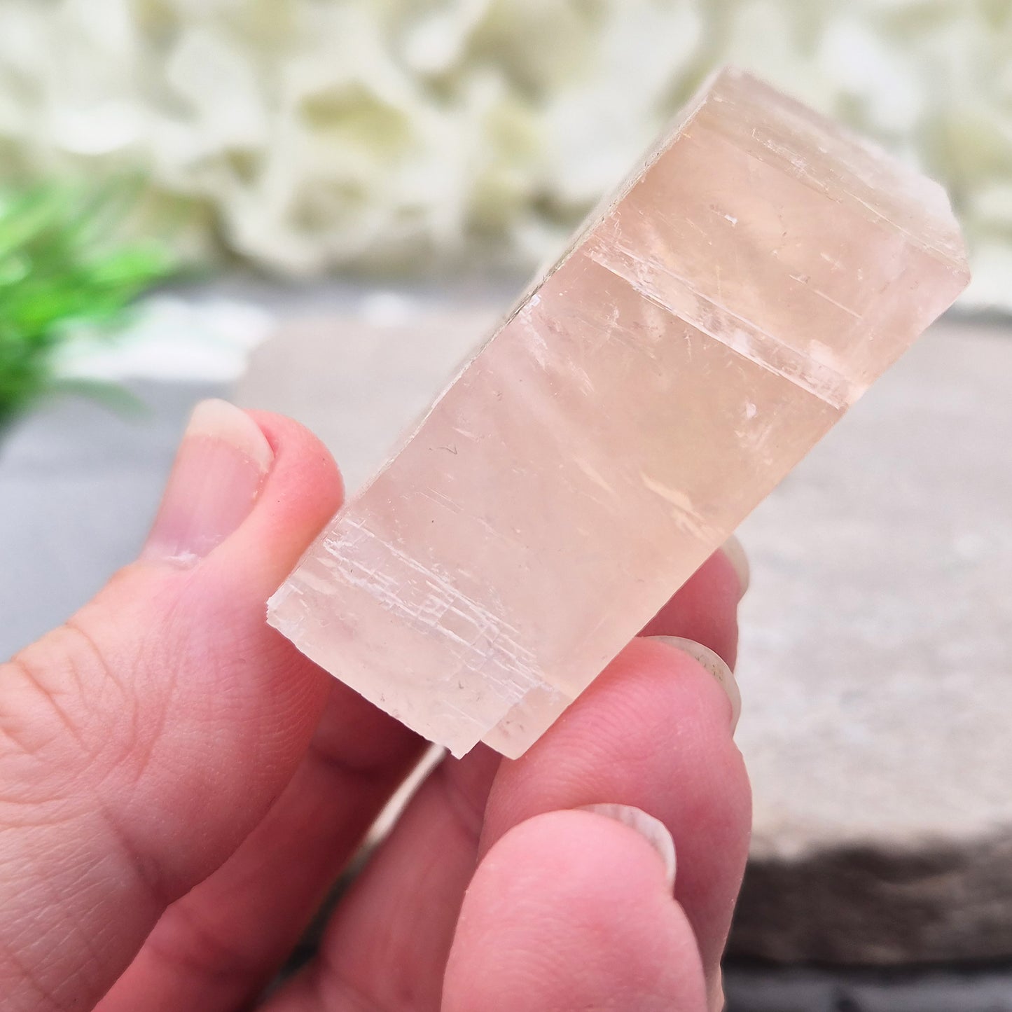 Gentle pale pink watermelon calcite, Mexico — a soothing crystal for emotional healing and heart chakra balance. Soft, nurturing energy for calm and kindness.