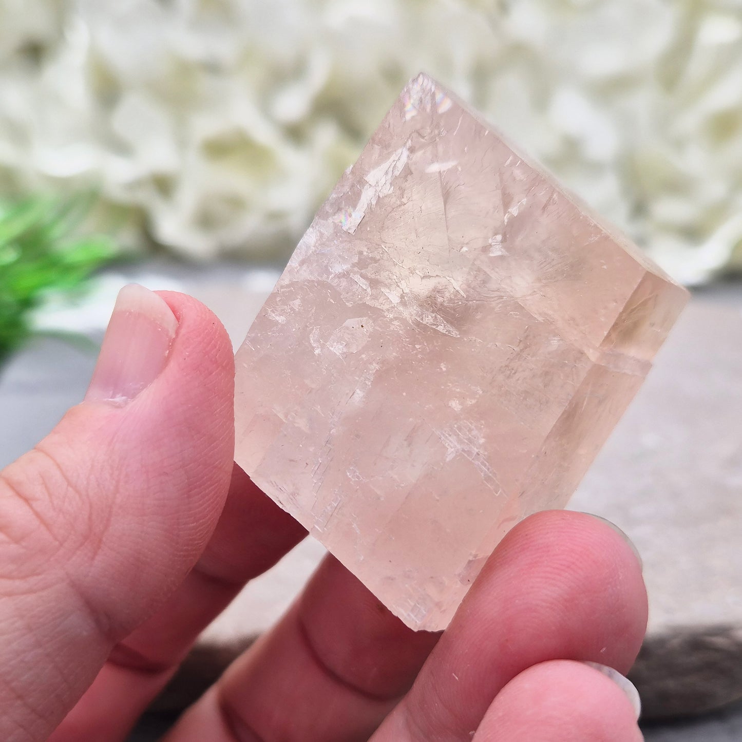 Gentle pale pink watermelon calcite, Mexico — a soothing crystal for emotional healing and heart chakra balance. Soft, nurturing energy for calm and kindness.