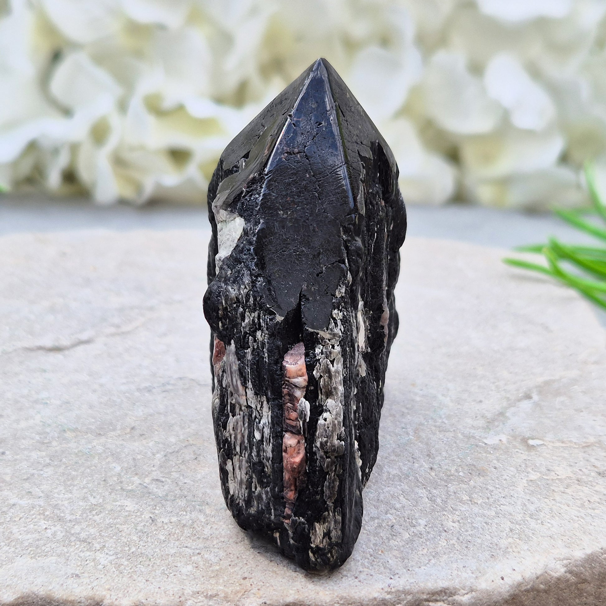 Hand-picked A grade Black Tourmaline standing point from a UK independent shop. Known for grounding energy — a striking, one-of-a-kind piece.
